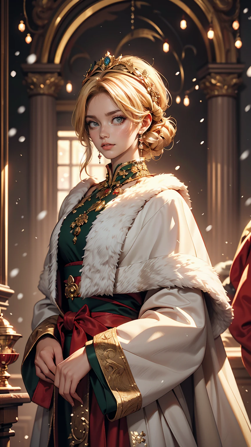 Portrait of a beautiful empress, Blonde Hair, Perfect Blue Eyes, wonderful, An incredibly impressive large Christmas headpiece, Clothing Santa Robe, All about Christmas, snow, Symmetric, Dramatic studio lighting, Rococo, Baroque, green, Asian, Hyperrealism, close, d&d, Fantasy, Complex, elegant, Very detailed, Digital Painting, Art Station, Octane Rendering, 8k, Concept Art, mat, Sharp focus