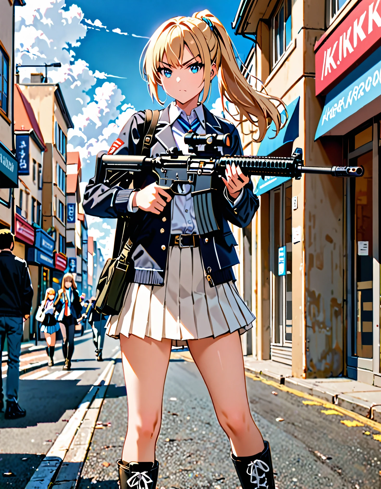 masterpiece, best quality, highres, solo, solo focus, 1girl, standing, long blonde hair, ponytail, hair tie, blue eyes, bangs, black jacket, closed jacket, serious, high school girl, white pleated skirt, miniskirt, black combat boots, using weapon, using rifle, aiming, h&k hk416 carbine, scope, suppressor, cowboy shot, sunny, blue sky, cloudy sky, city street