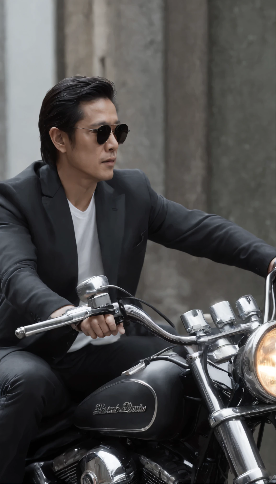 High-definition image of a shooting scene,High-definition cinematic scenes that are different from gripping movies、『Black Rain』The fascinating actor、Yusaku Matsuda looks elegant in a black suit and sunglasses.。He is skillfully positioned on his Harley Davidson motorcycle.、Even while driving, he holds the gun tightly in both hands.。The footage is、born々exudes a new intensity and authenticity、It embodies the quality and realism that characterize exceptional cinema.。High-definition images that convey a sense of tension