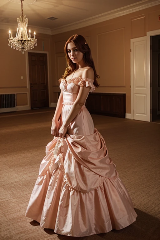 Beautiful auburn-haired girl in a peach-colored frilly gown in a ballroom