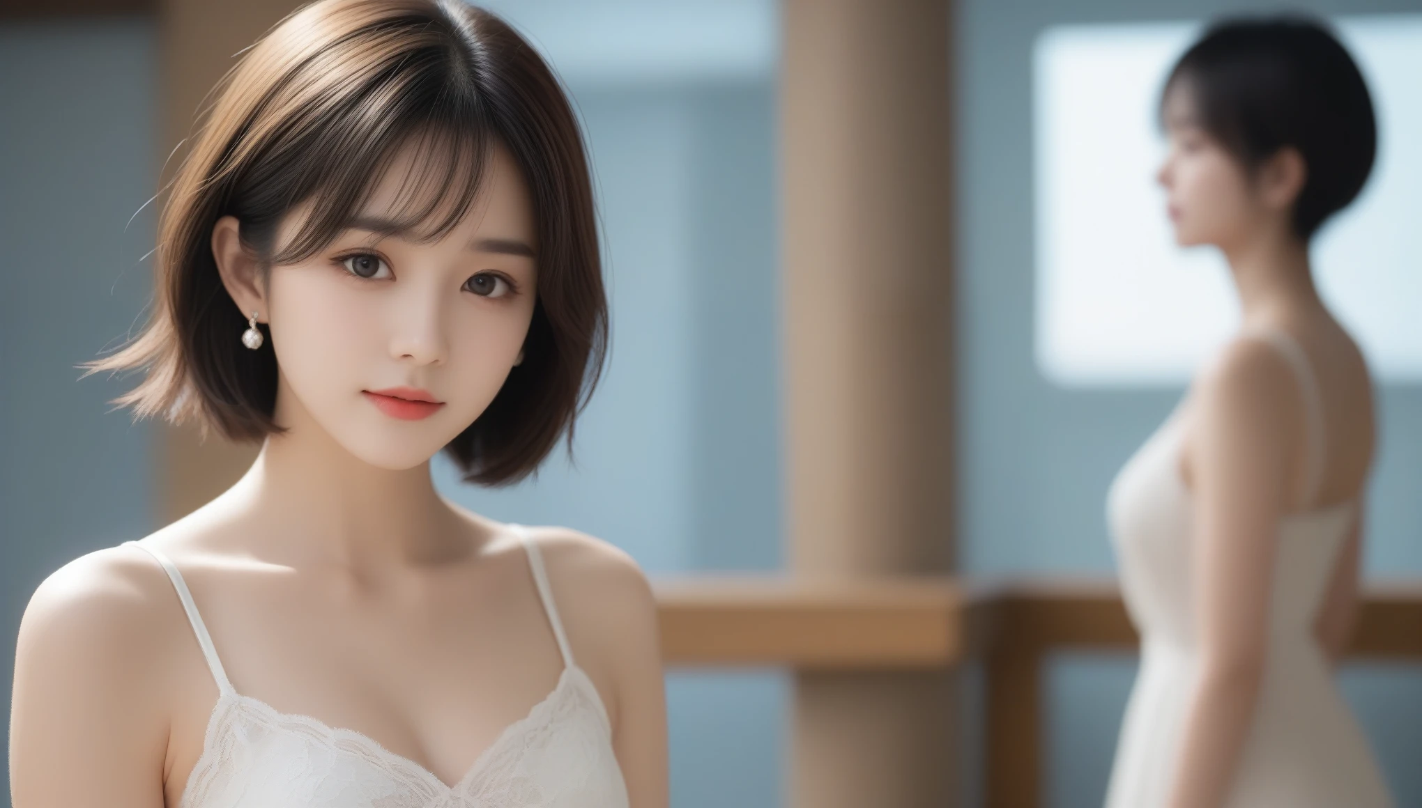 8k, 超High resolution, highest quality, masterpiece, Surreal, photograph, 1 girl, (:1.3), cute女の子, cute顔, Beautiful eyes in every detail, 細かくdetailedに,masterpiece,(Lace Underwear: 1.3), A slightly smiling face, (unbalanced), (Tight shirt with collar), (High waist pencil skirt), (((clavicle))), whole body, ((Put your arms behind your back)), (((highest quality, 8k, masterpiece: 1.3)), Sharp focus: 1.2, Beautiful woman with perfect figure: 1.4, Slim Abs: 1.2, ((Layered Cut, cup: 1.4) ), (High rise office), 非常にdetailedな顔と肌の質感, Fine grain, photograph, Soft breasts and white skin,8k, highest quality, masterpiece: 1.2), (Realistic, PhotoGenuineistic: 1.37), 超detailed, One Girl, cute, alone, Dynamic pose, Innocent, (PhotoGenuineistic), (複雑なdetailed:1.2),(masterpiece, :1.3),(highest quality:1.4), ( 超High resolution:1.2), 超High resolution, (Fine grain), (detailedな顔の特徴), High resolution, 8K resolution, (Lens flare:0.7), retrospective exhibition, Busy with inspection reports, Face Viewer,(supermarket:1),High resolution, 8K resolution,(Lens flare:0.7), turn around, Face Viewer, Dolce, A woman posing in a blazer uniform, highest quality, 1 girl, cup, bright, (Cropped length with lace) dress: 1.5, sleeveless dress, nice (short hair, amount: 1.2), 美しい空のdetailed, Earrings, (Dynamic pose: 1.2), (Upper Body: 0.8), Soft lighting, Wind, Shiny skin, smile, (Genuine: 1.3), 8k, RAWphotograph, (highest quality, masterpiece, 複雑なdetailed: 1.4), (Genuineistic, PhotoGenuineism: 1.3), 女性はaloneす. ((A cute girl like a Japanese idol)). (A thin, see-through camisole: 1.5). ((Empty and sensual look: 1.8)). (Half-open eyes: 1.5), Thin lips, (Tears dripping from the half-open mouth: 1.5). Beautiful Japanese Woman, Narrow waist, office lady, suit, Beautiful Face, short hair, Audience, Detailed expression of face and chest, announcer, See-through shirt. The tip protrudes. The shape of the genitals is clearly visible. The crotch is open. Too much pubic hair. pubic hair is very protruding, Delicate body type, cup, Camel Toe,Sexy pose、See through 、Looking at the audience、beauty,Long neck、Laugh a little、Please close your mouth and laugh、(((Ideal body type))),Acupの小胸 :2,、Portraiture:2、Perfect Anatomy、鮮明なdetailed、detailed、Surreal、Light and shadow,Strong light,Fashion magazine cover,Thin lips