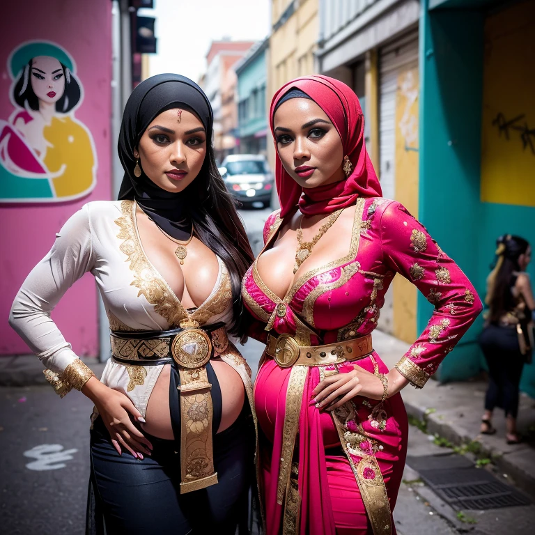 Malaysian girl pregnant 9 month,Largest Baby Bump pregnant, Largest , Big pregnant Belly, Big Pregnant girl, Largest Belly of Pregnant, Beautiful woman, beautiful face, pregnant, long hair, black hair, realistic, ultra-detailed, big breast, malay, The whole body consists of a young girl with hijab, Eye makeup, 21yo, Cat ears, Soft lighting, groups, Wear shabby clothes, Dirty, Tattered futuristic military uniform, Cat's paw badge, Pose, spot color, rendering by octane, Ultra-realistic intricate details, Cinematic, 8K resolution, 70mm, emphasis lightings, (((Huge breast)))(((wearing sexy kebaya))) PERFECT HIJAB & Sexy kebaya dress (((2 girls:1.5, girls standing))) Setting background: Basquiat graffiti wall background,Graffiti artist, urban walls, spray paint cans, bold colors, rebellious strokes, street gallery, artistic , night shadows, public expression, aerosol mastery, layered stencils, cultural messages, graffiti tags, creative risks, vibrant visuals, underground recognition, impactful designs, urban transformation. Art by Mschiffer (((Red lips))) (((only: pubic hair is hairy:1.3))) (((wearing a Sexy belt design by LV))) Full Naked & nude, bride very fit physique (38D breast:1.3) , (((Woman with hijab style, hijab and kebaya dress)), (lace stockings), (((Wearing: diamond necklace and earrings))). RAW photo, full sharp, detailed face (high detailed skin:1.2), 8k uhd, dslr, soft lighting, high quality, film grain, Fujifilm XT3, (extremely beautiful face, sexy lips, beautiful red lips, Clear eyes, beautiful eyes), (big green eyes), pretty girl, face forward, intricate detail face, ((ultra detailed skin)) (skin texture, film grain), Detailed beautiful face, natural tpose, natural facial expression, (((large breasts))),