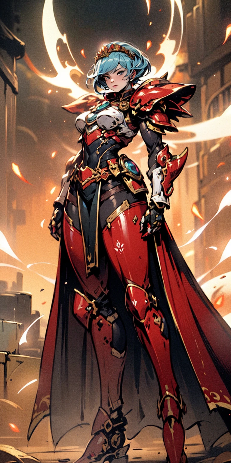 A woman adorned in fantasy-style full-body armor, a crown-concept fully enclosed helmet that unveils only her eyes, a composite layered chest plate, fully encompassing shoulder and hand guards, a lightweight waist armor, form-fitting shin guards, the overall design is heavy-duty yet flexible, ((the armor gleams with a golden glow, complemented by red and blue accents)), exhibiting a noble aura, she floats above a fantasy-surreal high-tech city, this character embodies a finely crafted fantasy-surreal style armored hero in anime style, exquisite and mature manga art style, (Queen bee mixed with Spider concept Armor, plasma, blood), ((Element, energy, elegant, goddess, femminine:1.5)), metallic, high definition, best quality, highres, ultra-detailed, ultra-fine painting, extremely delicate, professional, anatomically correct, symmetrical face, extremely detailed eyes and face, high quality eyes, creativity, RAW photo, UHD, 32k, Natural light, cinematic lighting, masterpiece-anatomy-perfect, masterpiece:1.5