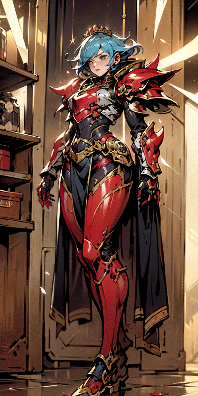 A woman adorned in fantasy-style full-body armor, a crown-concept fully enclosed helmet that unveils only her eyes, a composite layered chest plate, fully encompassing shoulder and hand guards, a lightweight waist armor, form-fitting shin guards, the overall design is heavy-duty yet flexible, ((the armor gleams with a golden glow, complemented by red and blue accents)), exhibiting a noble aura, she floats above a fantasy-surreal high-tech city, this character embodies a finely crafted fantasy-surreal style armored hero in anime style, exquisite and mature manga art style, (Queen bee mixed with Spider concept Armor, plasma, blood), ((Element, energy, elegant, goddess, femminine:1.5)), metallic, high definition, best quality, highres, ultra-detailed, ultra-fine painting, extremely delicate, professional, anatomically correct, symmetrical face, extremely detailed eyes and face, high quality eyes, creativity, RAW photo, UHD, 32k, Natural light, cinematic lighting, masterpiece-anatomy-perfect, masterpiece:1.5