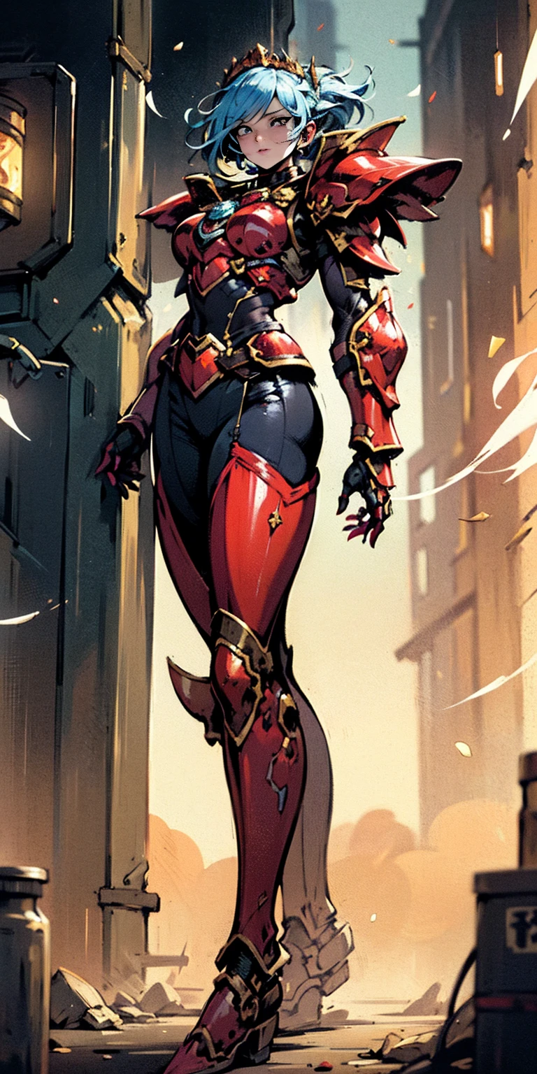 A woman adorned in fantasy-style full-body armor, a crown-concept fully enclosed helmet that unveils only her eyes, a composite layered chest plate, fully encompassing shoulder and hand guards, a lightweight waist armor, form-fitting shin guards, the overall design is heavy-duty yet flexible, ((the armor gleams with a golden glow, complemented by red and blue accents)), exhibiting a noble aura, she floats above a fantasy-surreal high-tech city, this character embodies a finely crafted fantasy-surreal style armored hero in anime style, exquisite and mature manga art style, (Queen bee mixed with Spider concept Armor, plasma, blood), ((Element, energy, elegant, goddess, femminine:1.5)), metallic, high definition, best quality, highres, ultra-detailed, ultra-fine painting, extremely delicate, professional, anatomically correct, symmetrical face, extremely detailed eyes and face, high quality eyes, creativity, RAW photo, UHD, 32k, Natural light, cinematic lighting, masterpiece-anatomy-perfect, masterpiece:1.5