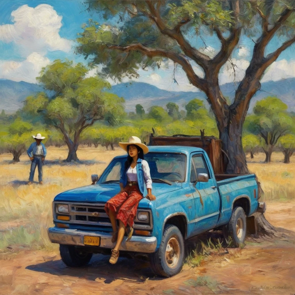 A Malaysian woman dressed like a cowgirl leans against her beaten up pickup truck stopped next t a jujube tree, Impressionist painting style of claude monet