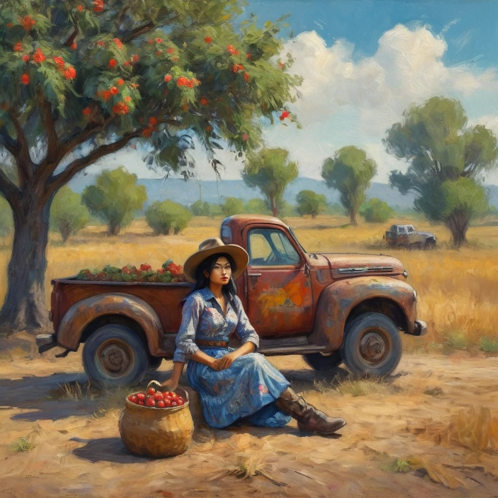 A Malaysian woman dressed like a cowgirl,leaning against her beaten up pickup truck stopped next to a jujube tree,impressionist painting style of claude monet,best quality,4k,8k,highres,masterpiece:1.2,ultra-detailed,realistic,photorealistic:1.37,traditional oil painting,floral pattern on her dress,wide-brimmed hat,leather boots,dusty road in the background,sunny and warm lighting,vivid colors,blurry background,soft brushstrokes with visible texture.
