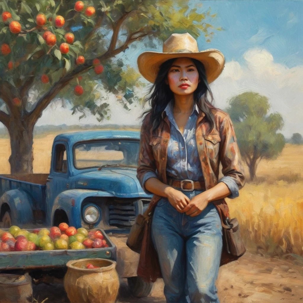 A Malaysian woman dressed like a cowgirl,leaning against her beaten up pickup truck stopped next to a jujube tree,impressionist painting style of claude monet,best quality,4k,8k,highres,masterpiece:1.2,ultra-detailed,realistic,photorealistic:1.37,traditional oil painting,floral pattern on her dress,wide-brimmed hat,leather boots,dusty road in the background,sunny and warm lighting,vivid colors,blurry background,soft brushstrokes with visible texture.