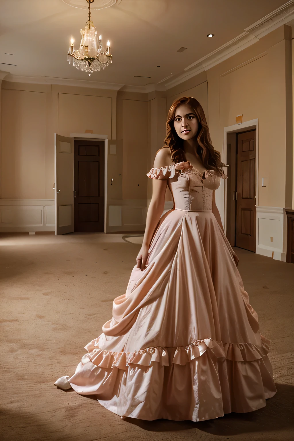Beautiful auburn-haired girl in a peach-colored frilly gown in a ballroom