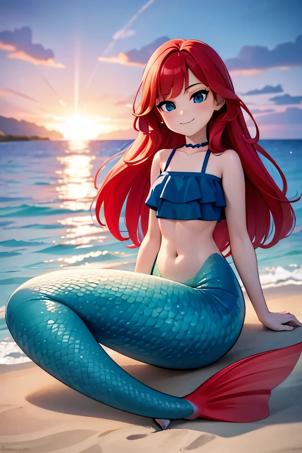 ruby, mermaid, 1 girl, Teenage, Long Red hair, Medium Hair, Blue eyes, bare shoulders, medium breast, aqua ruffle crop top, mermaid tail, scales on the mermaid’s tail, mermaid sitting on the beach, over the sea, beautiful purple sunset at beach, Sexy, masterpiece, High quality. 2D illustration, 2D flat, sit down, Masterpiece, 8K, HDR, portrait, seductive smile