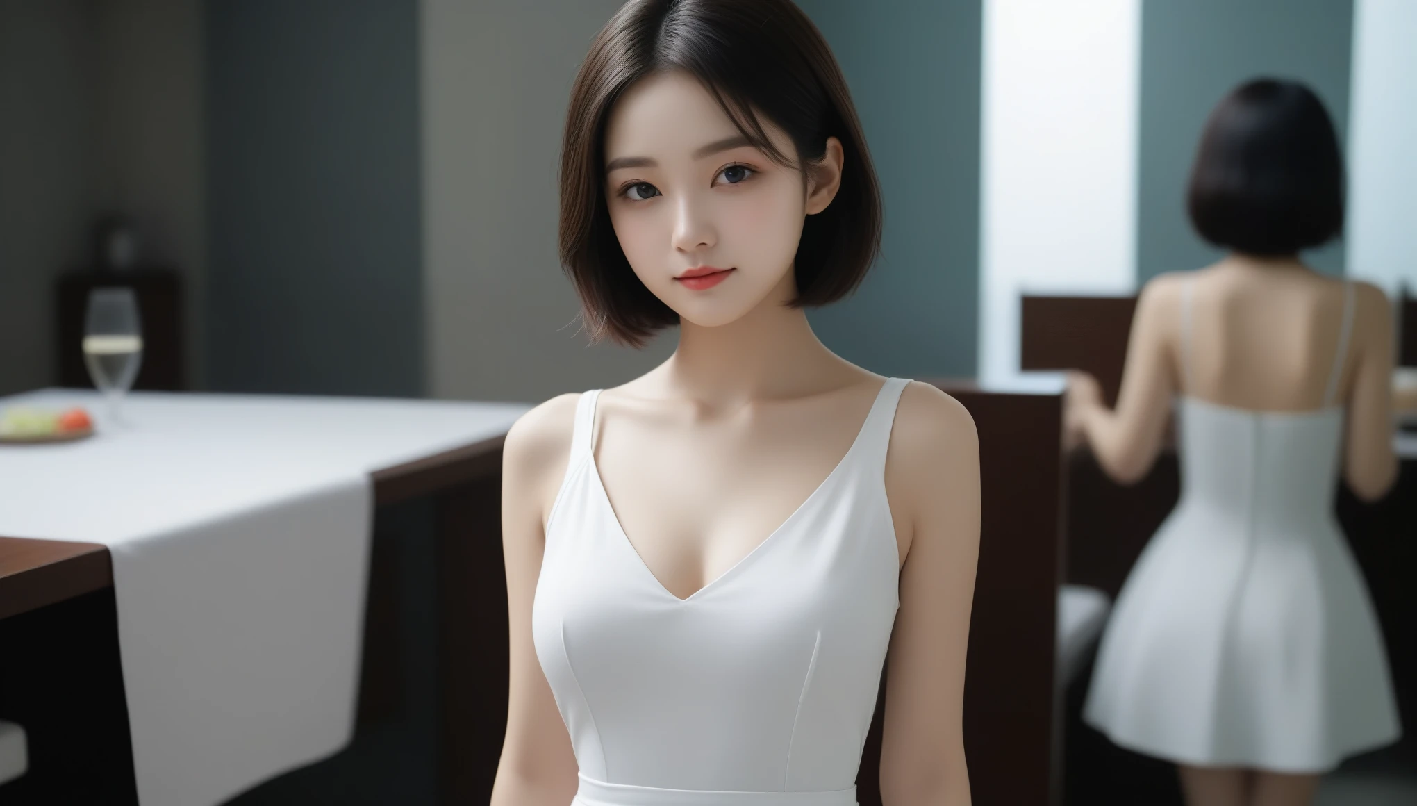 8k, 超High resolution, 最high quality, masterpiece, Surreal, photograph, 1 girl, (16 years old:1.3), pretty girl, Cute Face, Beautiful eyes in every detail, 細かくdetailedに,masterpiece,(The debtW), 1 Female, alone, 24-years-old, 7 heads, (Cute Face), (Ideal body proportions), ((Structure from head to thighs)), restaurant, ((sideways debtacing)), (((Accentuate your butt))), (((Cook uniform))), ((dress)), Erect nipples, Sexy Body, Wet, A cheerful smile, short hair, Black Hair, , Slender, Small Ass, Beautiful feet, Thin legs, Surrealism, Cinema Lighting, Depth of written boundary, First Person View, debt/1.8, 135mm, んdebtdebt, Tabletop, Accurate, ((Anatomically correct)), Textured skin, 超detailed, Attention to detail, high quality, Awards, 最high quality, High resolution, 8k,Sexy pose、See through 、Looking at the audience、beauty,Long neck、Laugh a little、Please close your mouth and laugh、(((Ideal body type))),A-cup small breasts :2,、Portraiture:2、Perfect Anatomy、鮮明なdetailed、detailed、Surreal、Light and shadow,Strong light,Fashion magazine cover,Thin lips