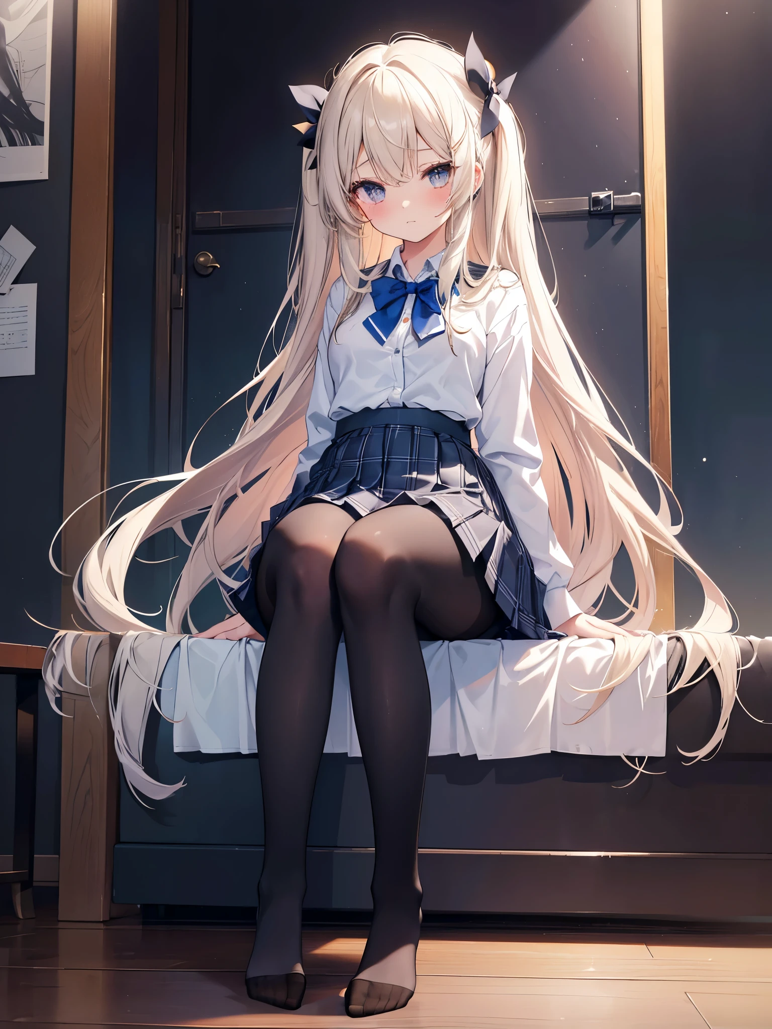 Finest, masterpiece, high definition, (full body), frontal, symmetrical, mature high school girl, solo, (full body from head to toe), small breasts, long hair, slightly messy hair, (black tights), ( (black pantyhose), black pantyhose, composition showing white panties, slender beautiful legs, a very beautiful 17-year-old girl (not wearing shoes) legs), blushing, shy big eyes, messy hair, looking at camera, showing white panties, white frilly lingerie, high school uniform blazer, high school uniform White blouse, high school uniform with blue ribbon, high with short plaid pattern and navy pleated skirt