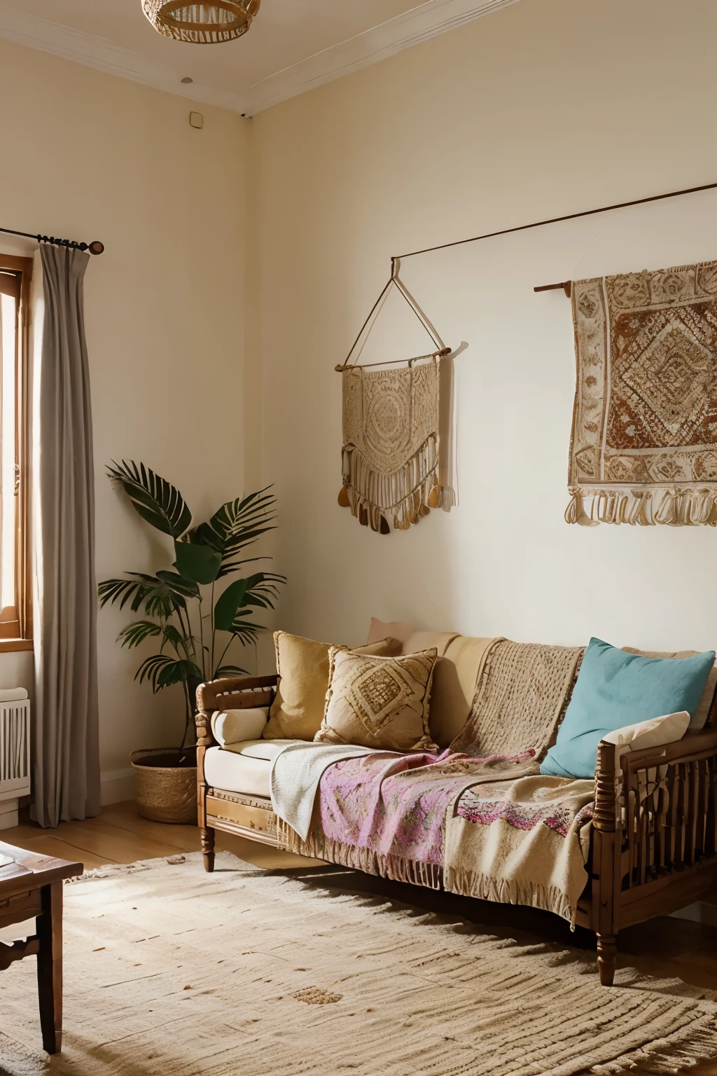 Una sala de estar en estilo boho, focused on the back wall of the main sofa. The room is decorated with colorful cushions, ethnic rugs and hanging plants. The wall is adorned with macramé and bohemian art. La luz del atardecer entra suavemente por las ventanas, bathing the room in a warm, golden glow, creating a relaxing and nostalgic atmosphere. The architectural composition is welcoming and well balanced, reflecting a refined taste for interior design.