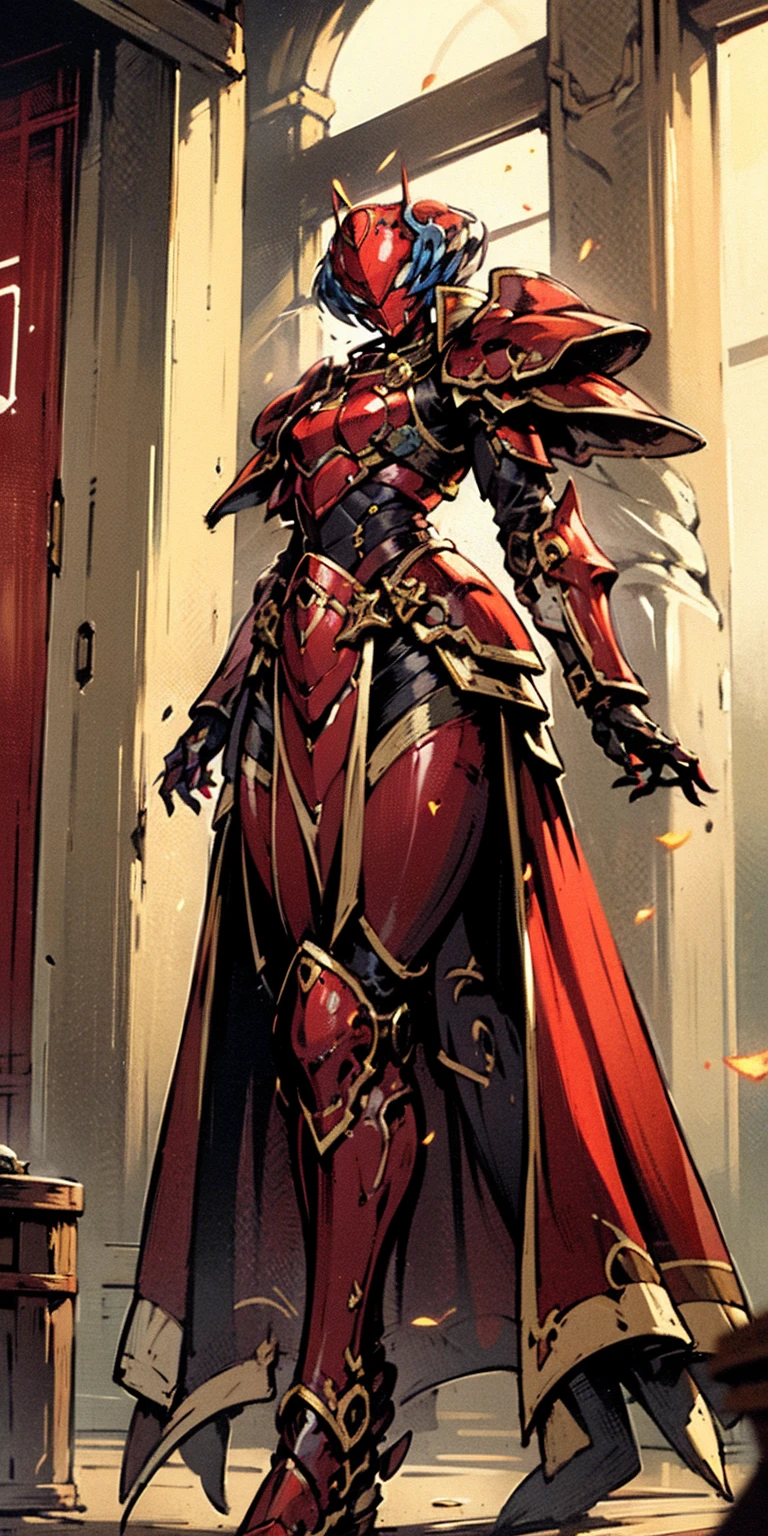 A woman adorned in fantasy-style full-body armor, a crown-concept fully enclosed helmet that unveils only her eyes, a composite layered chest plate, fully encompassing shoulder and hand guards, a lightweight waist armor, form-fitting shin guards, the overall design is heavy-duty yet flexible, ((the armor gleams with a golden glow, complemented by red and blue accents)), exhibiting a noble aura, she floats above a fantasy-surreal high-tech city, this character embodies a finely crafted fantasy-surreal style armored hero in anime style, exquisite and mature manga art style (Queen bee mixed with Spider concept Armor, plasma, blood) ((Element, energy, elegant, goddess, femminine:1.5)) metallic, high definition, best quality, high res, ultra-detailed, ultra-fine painting, extremely delicate, professional, anatomically correct, symmetrical face, extremely detailed eyes and face, high quality eyes, creativity, RAW photo, UHD, 32k, Natural light, cinematic lighting, masterpiece anatomy perfect, masterpiece:1.5, fet together looking to viewer view from below
