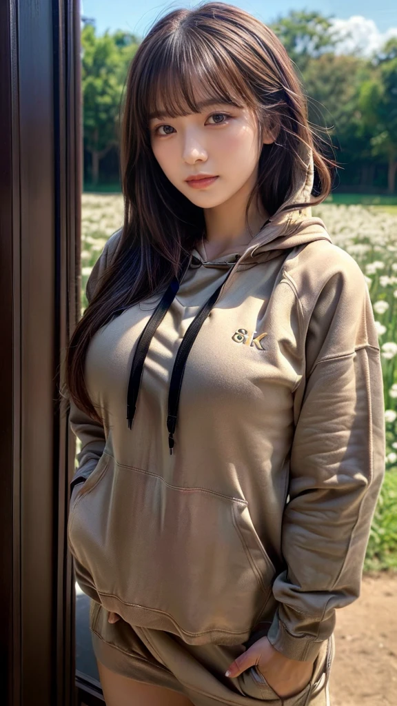 ((top-quality、8K、masterpiece:1.3))、1girl in、Beautiful woman Standing in the house:1.3、(brown long-haired、Colossal tits:1.4)、(Big Silhouette M51 Field Hoodie:1.5)、Super delicate face、Delicat eyes、double eyelid、Close-up of upper body from below