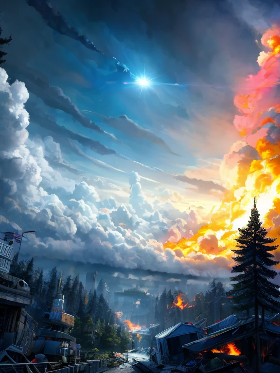 epic movie poster, big huge laboratory as the main focus , forest background,fluffy clouds in the sk, trending on artstation, highly detailed, fine detail, intricate, (lens flare:0.9), (backlighting:0.9), (bloom:0.9), [Style-Micro::10], laboratory, laboratory in the forest in a huge disaster, disaster movie, lots of fire and disaster 