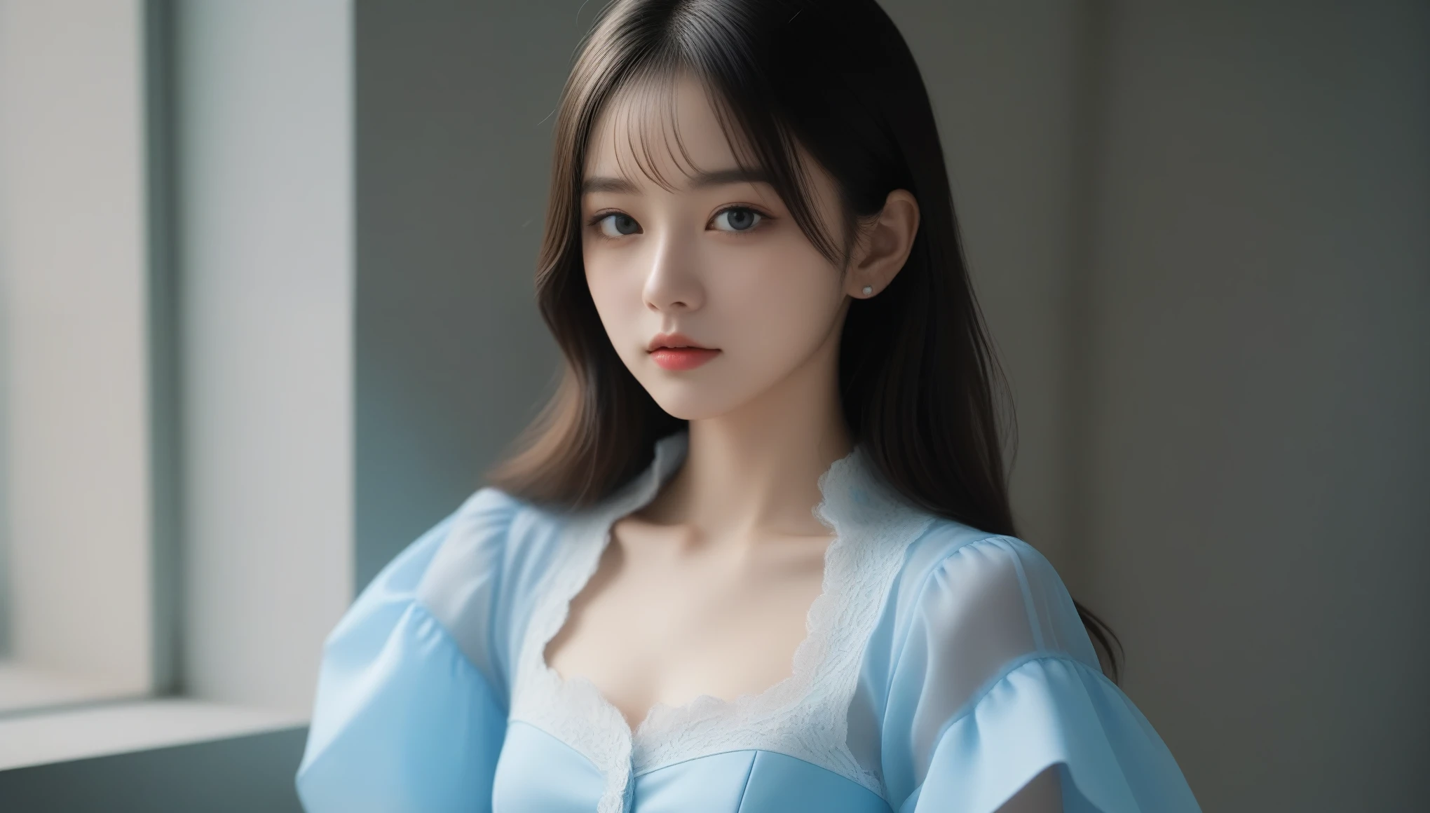 8k, 超High resolution, highest quality, masterpiece, Surreal, photograph, 1 girl, (16 years old:1.3), pretty girl, Cute Face, Beautiful eyes in every detail, 細かくdetailedに,masterpiece,(Black rider jacket:1.1), (masterpiece, highest quality, pretty girl, Beautiful Face, 8k, RAWphotograph, Realistic, Absurd:1.2), teens, Cowboy Shot, Dutch Angle, Face Light, Film Grain, chromatic aberration, High resolution, 超detailed, 細かくdetailedに, Light blue ruffle lace dress, detailedな肌と目と顔, Sharp pupils, Realistic students, Sharp focus, street,Sexy pose、See through 、Looking at the audience、beauty,Long neck、Laugh a little、Please close your mouth and laugh、(((Ideal body type))),A-cup small breasts :2,、Portraiture:2、Perfect ???????、鮮明なdetailed、detailed、Surreal、Light and shadow,Strong light,Fashion magazine cover,Thin lips