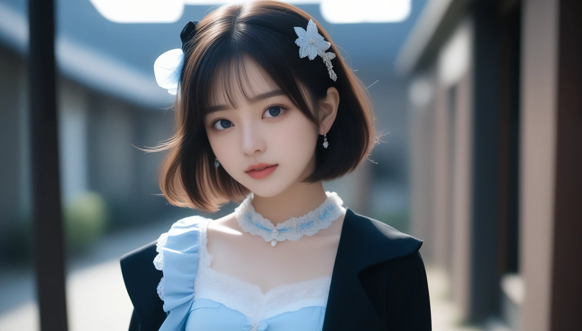 8k, 超High resolution, highest quality, masterpiece, Surreal, photograph, 1 girl, (:1.3), pretty girl, Cute Face, Beautiful eyes in every detail, 細かくdetailedに,masterpiece,(Black rider jacket:1.1), (masterpiece, highest quality, pretty girl, Beautiful Face, 8k, RAWphotograph, Realistic, Absurd:1.2), teens, Cowboot, Dutch Angle, Face Light, Film Grain, chromatic aberration, High resolution, 超detailed, 細かくdetailedに, Light blue ruffle lace dress, detailedな肌と目と顔, Sharp pupils, Realistic students, Sharp focus, street,Sexy pose、See through 、Looking at the audience、beauty,Long neck、Laugh a little、Please close your mouth and laugh、(((Ideal body type))),A-cup small breasts :2,、Portraiture:2、Perfect Anatomy、鮮明なdetailed、detailed、Surreal、Light and shadow,Strong light,Fashion magazine cover,Thin lips