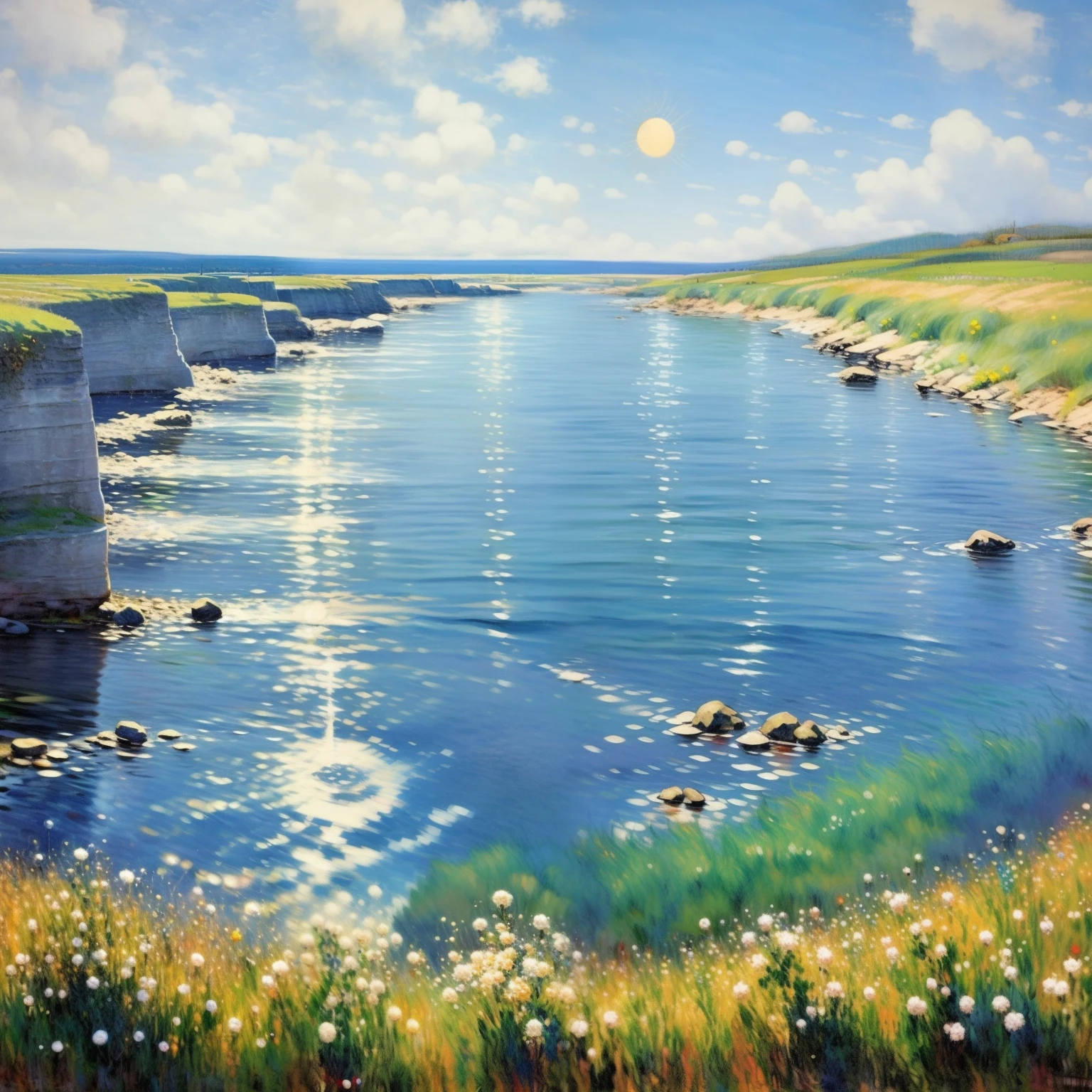 submerged cityscape, Oil painting style, Can reflect all-encompassing。The picture contains the words "晒点万象" (sun point all things)。The words have a sense of design。