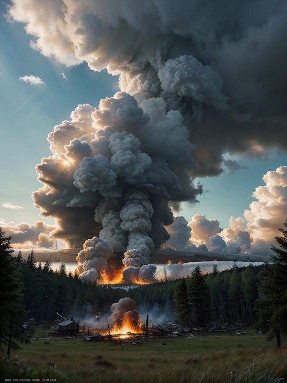 epic movie poster, big huge laboratory as the main focus , forest background,fluffy clouds in the sk, trending on artstation, highly detailed, fine detail, intricate, (lens flare:0.9), (backlighting:0.9), (bloom:0.9), [Style-Micro::10], laboratory, laboratory in the forest in a huge disaster, disaster movie, lots of fire and disaster 