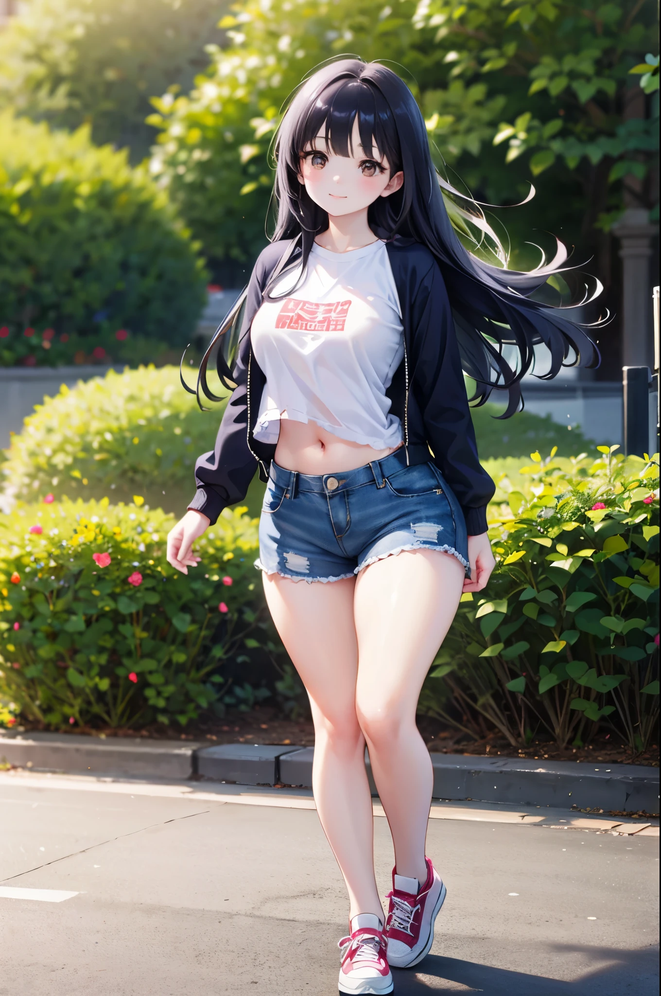 realistic image, detailed image, coherent image, 1 beautiful girl, she has very long hair, black hair, brown eyes, smiling expression. She is wearing a small t-shirt, with a long-sleeved sweatshirt, showing her navel, ripped shorts, sneakers, She has a curvy body, medium breasts and thick thighs, She is walking on a path surrounded by trees and flowers, inside a park, arching her back, hands hidden behind her back, sprouting her breasts, sunny day, Soft focus, full body view, Dramatic shadows, Volumetric lighting, natural lighting,