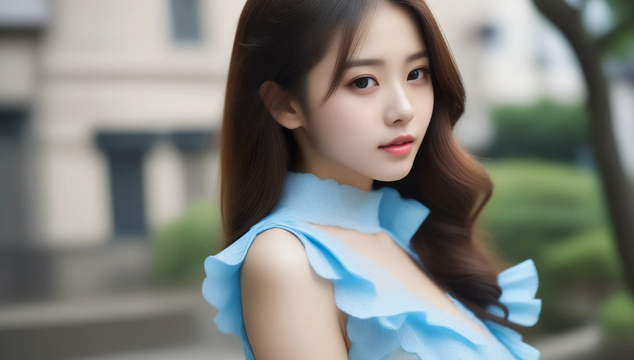 8k, 超High resolution, highest quality, masterpiece, Surreal, photograph, 1 girl, (16 years old:1.3), pretty girl, Cute Face, Beautiful eyes in every detail, 細かくdetailedに,masterpiece,(Black rider jacket:1.1), (masterpiece, highest quality, pretty girl, Beautiful Face, 8k, RAWphotograph, Realistic, Absurd:1.2), teens, Cowboy Shot, Dutch Angle, Face Light, Film Grain, chromatic aberration, High resolution, 超detailed, 細かくdetailedに, Light blue ruffle lace dress, detailedな肌と目と顔, Sharp pupils, Realistic students, Sharp focus, street,Sexy pose、See through 、Looking at the audience、beauty,Long neck、Laugh a little、Please close your mouth and laugh、(((Ideal body type))),A-cup small breasts :2,、Portraiture:2、Perfect Anatomy、鮮明なdetailed、detailed、Surreal、Light and shadow,Strong light,Fashion magazine cover,Thin lips