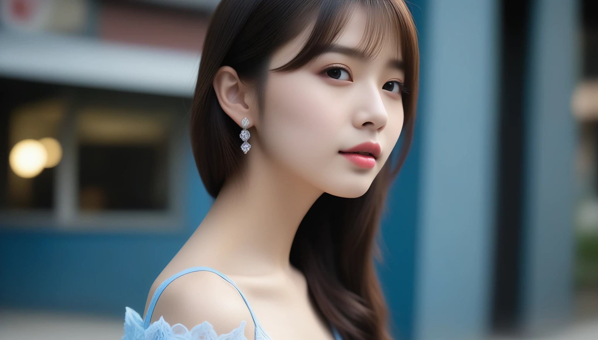 8k, 超High resolution, highest quality, masterpiece, Surreal, photograph, 1 girl, (16 years old:1.3), pretty girl, Cute Face, Beautiful eyes in every detail, 細かくdetailedに,masterpiece,(Black rider jacket:1.1), (masterpiece, highest quality, pretty girl, Beautiful Face, 8k, RAWphotograph, Realistic, Absurd:1.2), teens, Cowboy Shot, Dutch Angle, Face Light, Film Grain, chromatic aberration, High resolution, 超detailed, 細かくdetailedに, Light blue ruffle lace dress, detailedな肌と目と顔, Sharp pupils, Realistic students, Sharp focus, street,Sexy pose、See through 、Looking at the audience、beauty,Long neck、Laugh a little、Please close your mouth and laugh、(((Ideal body type))),A-cup small breasts :2,、Portraiture:2、Perfect Anatomy、鮮明なdetailed、detailed、Surreal、Light and shadow,Strong light,Fashion magazine cover,Thin lips