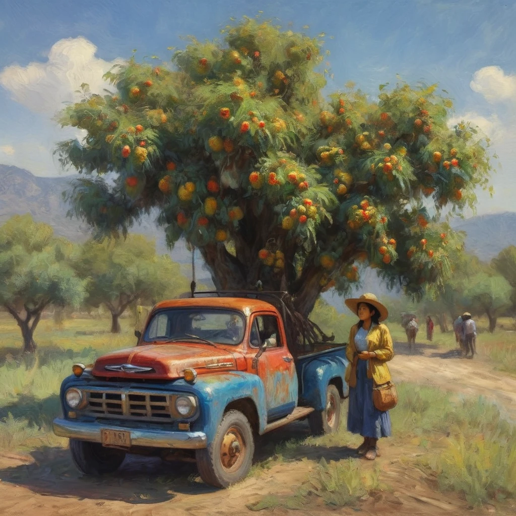 (a Malaysian woman,a cowgirl,a beaten-up pickup truck,a jujube tree,impressionist painting style,Claude Monet),(best quality,4k,8k,highres,masterpiece:1.2),ultra-detailed,(realistic,photorealistic,photo-realistic:1.37),colorful palette,soft lighting