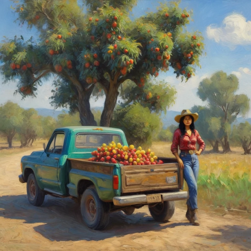 (a Malaysian woman,a cowgirl,a beaten-up pickup truck,a jujube tree,impressionist painting style,Claude Monet),(best quality,4k,8k,highres,masterpiece:1.2),ultra-detailed,(realistic,photorealistic,photo-realistic:1.37),colorful palette,soft lighting