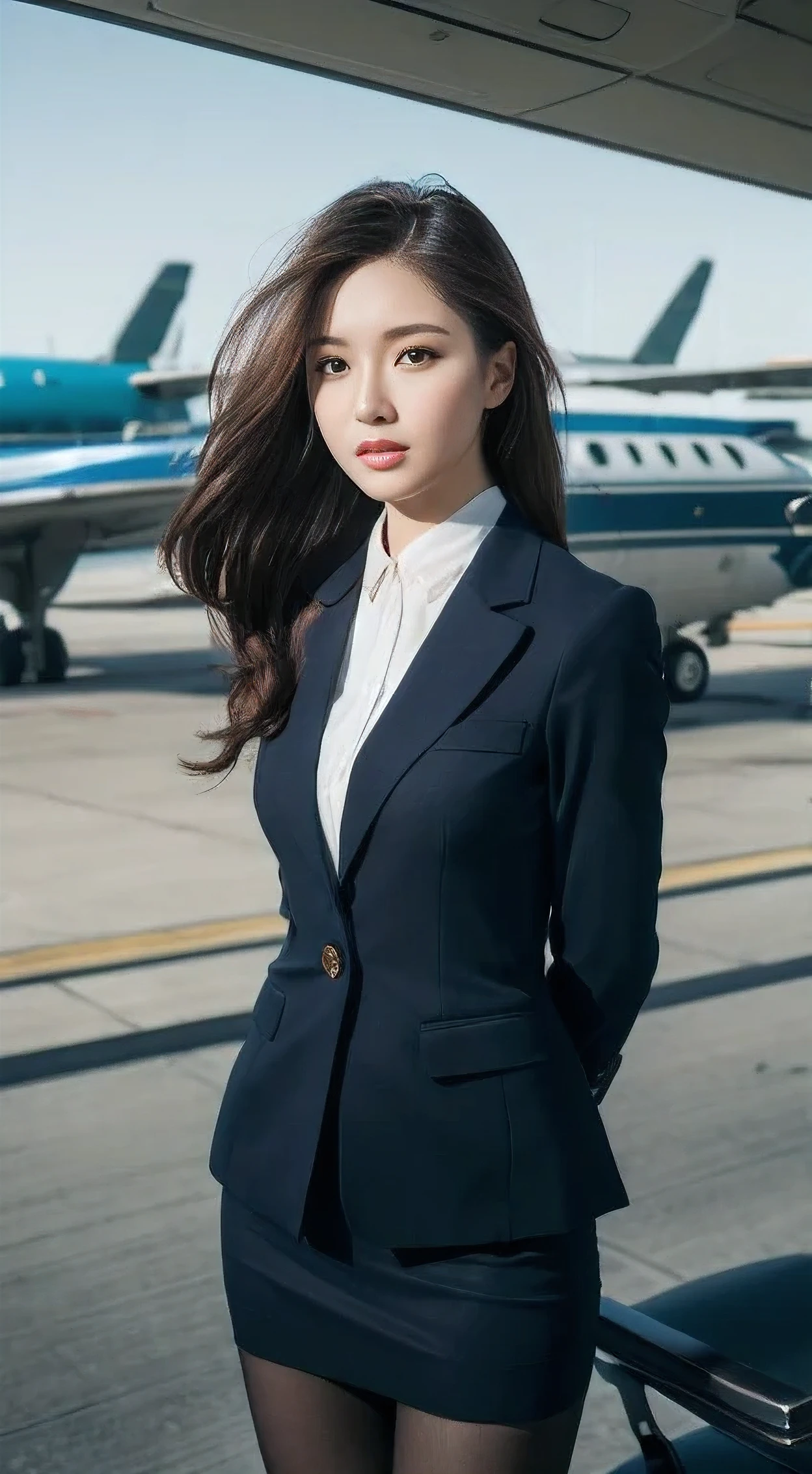 best quality, masterpiece, 8k, ultra high res, (photorealistic:1.4), highly detailed, intricate detail, delicate and beautiful, good lighting, professional lighting, sharp focus, detailed shadows, exquisite details and textures, depth of field, unity 8k wallpaper, cinematic composition, cinematic lighting, official art, Cabin Crew, flight attendant, black pantyhose, (aircraft, (Aircraft Corridor), Aircraft seats) beautiful elegant face, detailed face, detailed eyes, realistic hair, long hair, (1girl), (standing:1.3),