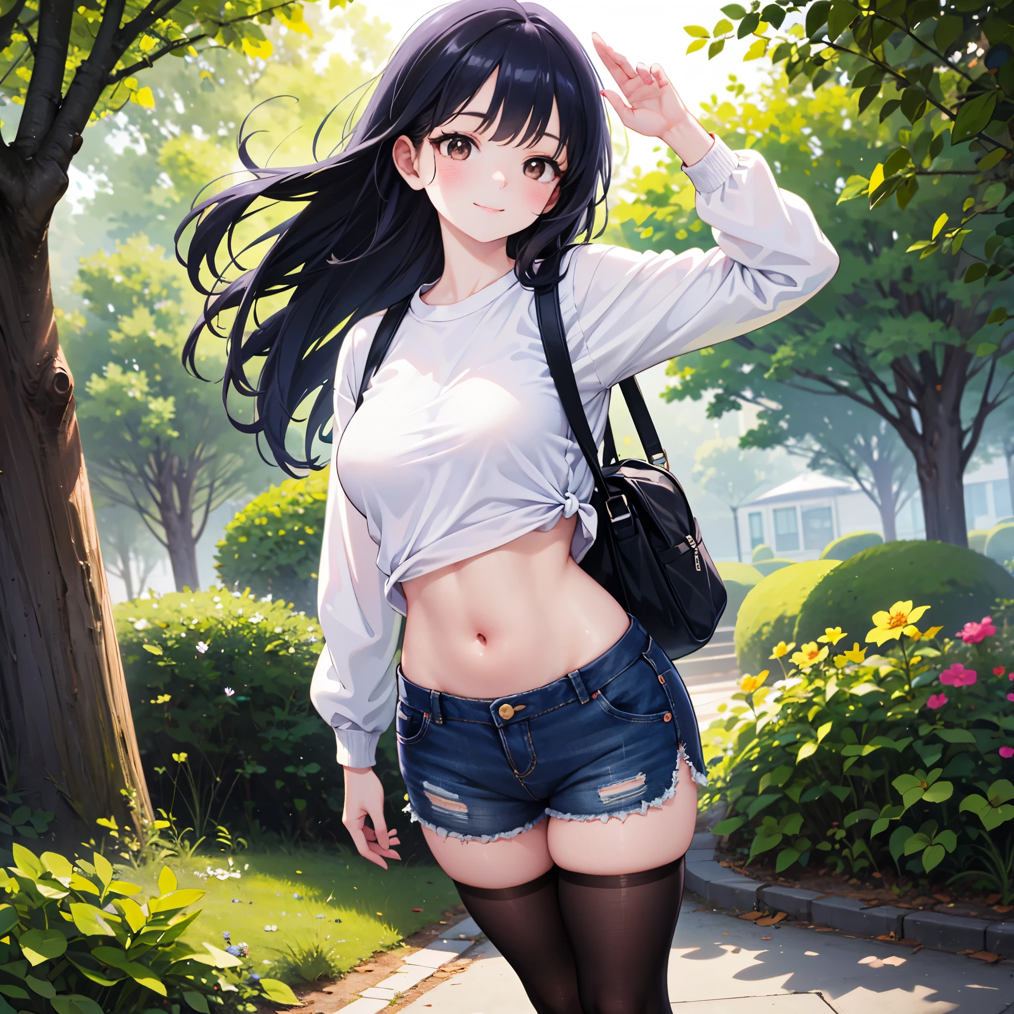 realistic image, detailed image, coherent image, 1 beautiful girl, she has very long hair, black hair, brown eyes, smiling expression. She is wearing a small t-shirt, with a long-sleeved sweatshirt, showing her navel, ripped shorts, sneakers, She has a curvy body, medium breasts and thick thighs, She is walking on a path surrounded by trees and flowers, inside a park, arching her back, hands hidden behind her back, sprouting her breasts, sunny day, Soft focus, full body view, Dramatic shadows, Volumetric lighting, natural lighting,