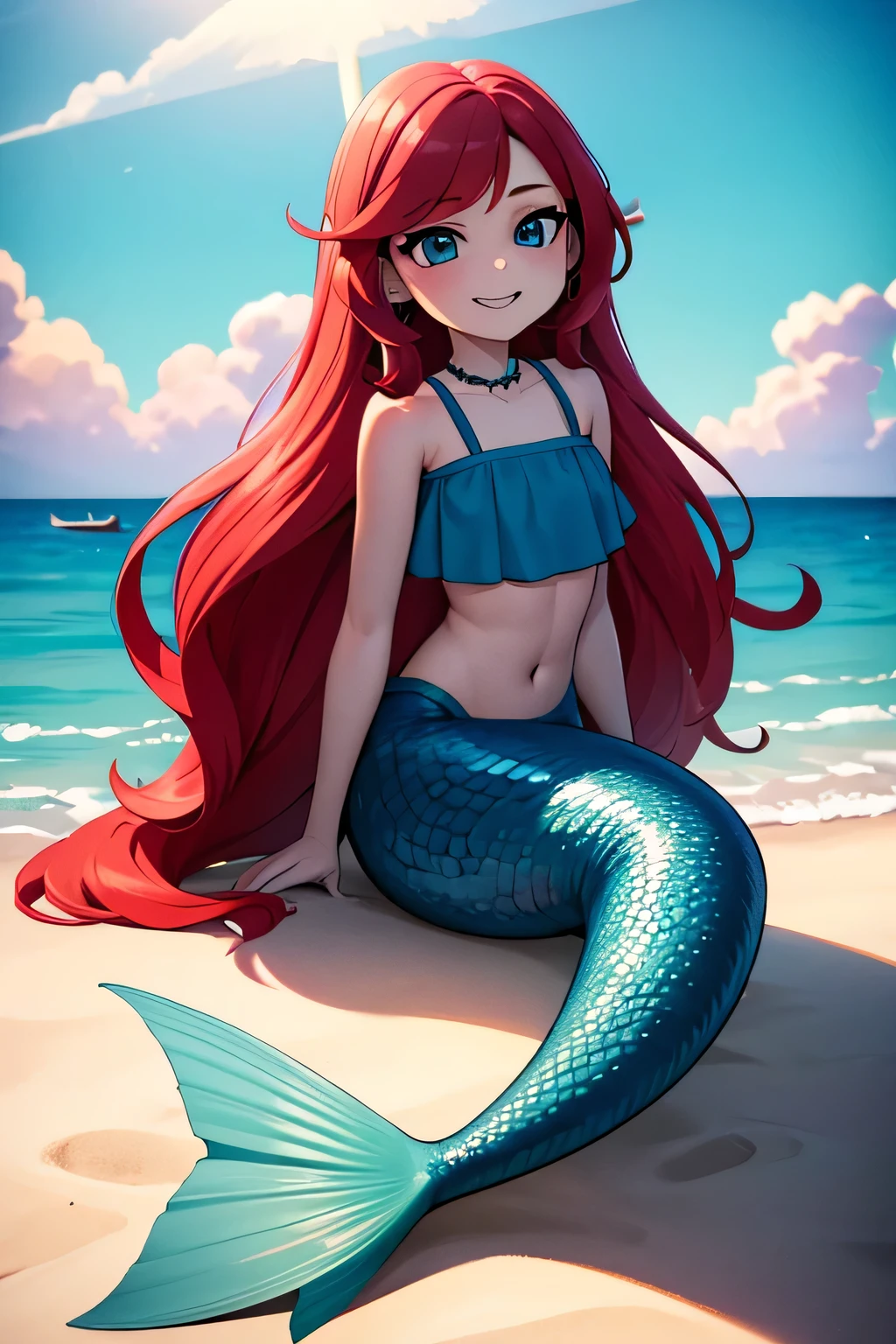 ruby, mermaid, 1 girl, Teenage, Long Red hair, Medium Hair, Blue eyes, bare shoulders, medium breast, aqua ruffle crop top, mermaid tail, scales on the mermaid’s tail, mermaid sitting on the beach, over the sea, beautiful purple sunset at beach, Sexy, masterpiece, High quality. 2D illustration, 2D flat, sit down, Masterpiece, 8K, HDR, portrait, seductive smile, mouth open