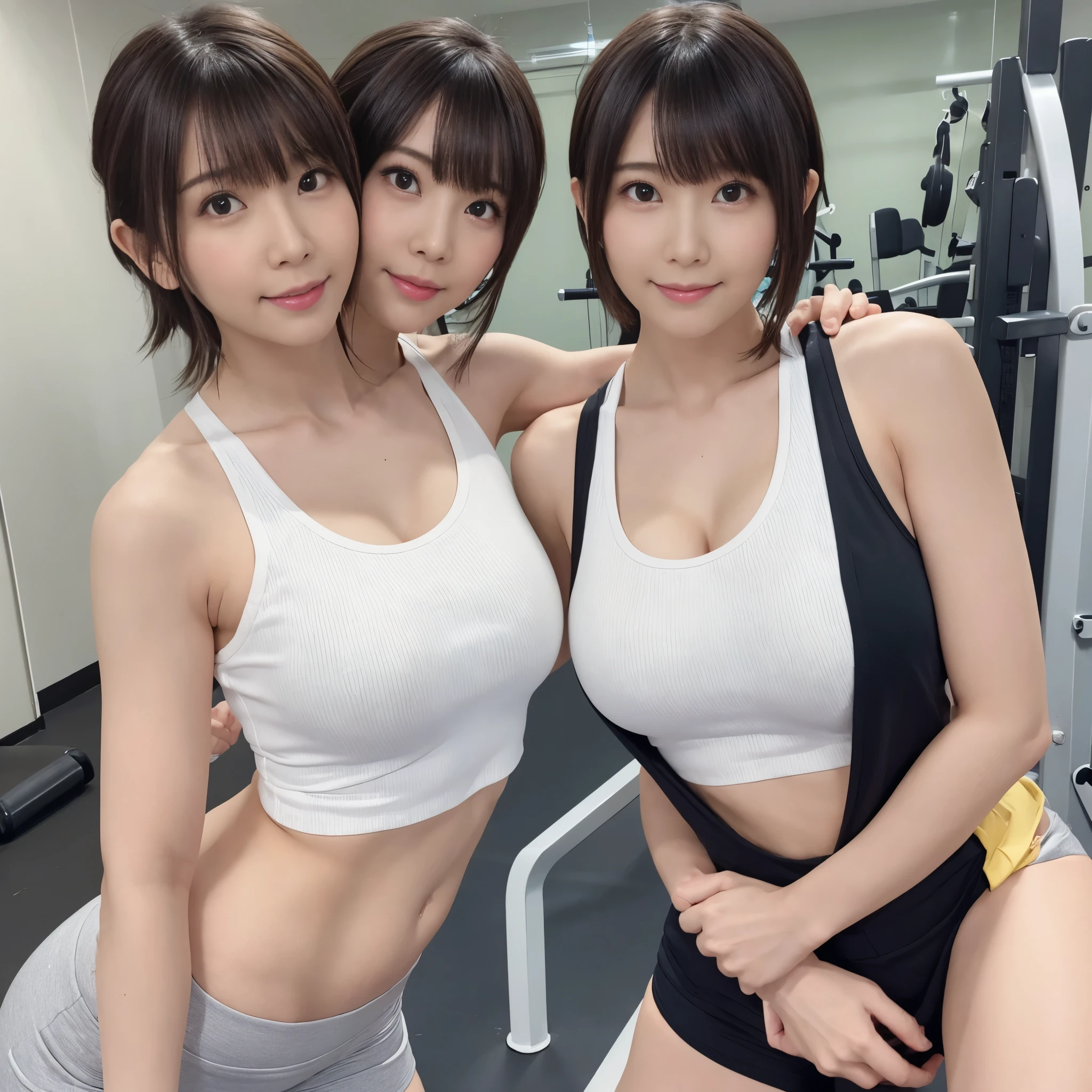 （紺のHigh legビキニパンツ、High leg、Gym Uniform、ass、White tank top、Leaning forward、Black Hair、belly button、smile、Inside the gym）Professional Lighting、thin、Adult female、Captivating thighs、Beautiful legs、Large Breasts、Cleavage、Big Ass