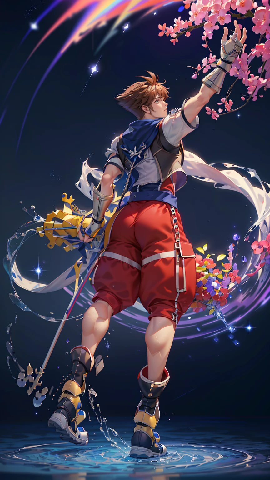 (SORA FROM KINGDOM HEARTS) (1man,solo,male) ((FULL BODY POSE)) ((GIGACHAD GIANT MUSCULAR BODY)) ((BIG BULGE, BIG ASS, BIG THIGH, SEXY POSE)) ((WEAR FUNDOSHI)) (((RED AND BLUE COLOR THEME))) | FLOATING IN THE SPACE WITH STARS (SPARKLE, FLOWER, PETTALS, SNOWFLAKES) BACKGROUND IS BLUE SKY | big CHEST, FULL BODY, large ASS, open legs, show BULGE, smile, portrait knights of zodiac, extremely detailed ((pixiv arts)), high detailed official artwork, [ tarot card ]!!!!!, detailed key anime art, knights of zodiac anime, beautiful celestial mage, firefly from honkai star rails, full body | (dynamic angle:1.1), outline, ((thick lineart)), cover, stylish, official art, (details:1.2), (fantasy), garden, (bloom:1.1), glow:0.2, shadow, nature, flower, splash water, crystal, snowflakes, particles, bokeh, anamorphic light (depth of field), sharp focus, (volumetric lighting), (bokeh:0.6), film grain:0.4, (soft lighting:1.1) | high-quality, ultra-detailed illustrations, ultra-high resolution, (high resolution,overwhelmingly pixel-perfect,luxurious illustration), (Ultra Quality, Masterpiece, Ethereal:1.4) photorealistic:.1.4, UHD (8k, RAW photo, best quality, masterpiece:1.2)