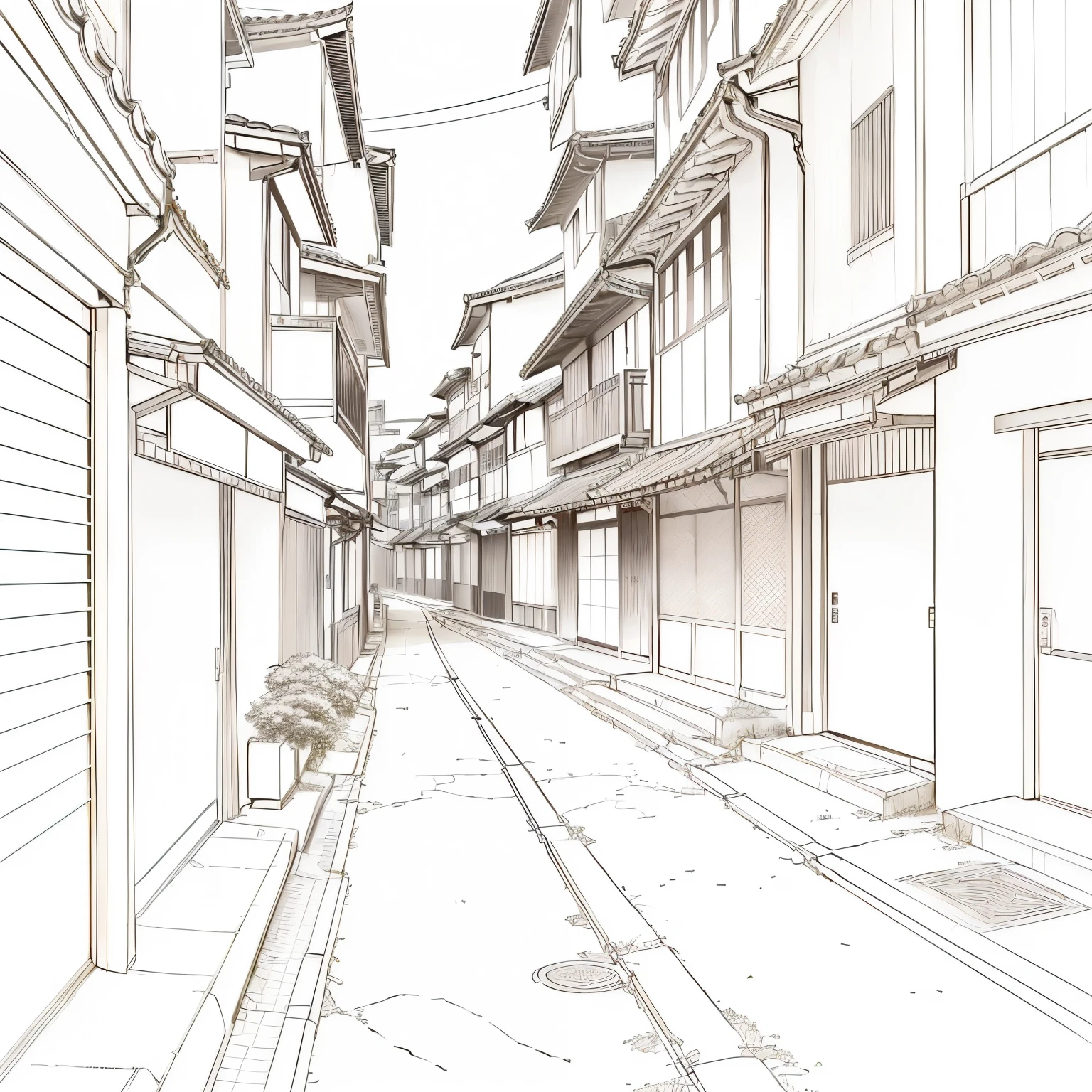 a drawing of a street with a building and a clock, arte linear da cidade de anime, cidade japonesa, paisagem urbana estilo anime, lineart limpo, rua japonesa, contornos de anime limpos, arte de fundo de anime, vila japonesa, arte linear perfeita, inspirado em Watanabe Shotei, fundo da cidade, inspirado em Yoshida Hanbei, inspirado em Toshi Yoshida