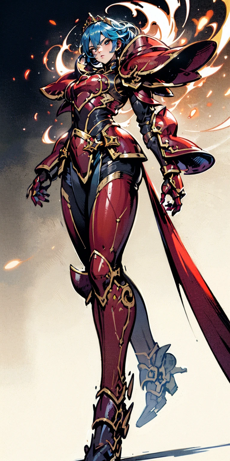 A woman adorned in fantasy-style full-body armor, a crown-concept fully enclosed helmet that unveils only her eyes, a composite layered chest plate, fully encompassing shoulder and hand guards, a lightweight waist armor, form-fitting shin guards, the overall design is heavy-duty yet flexible, ((the armor gleams with a golden glow, complemented by red and blue accents)), exhibiting a noble aura, she floats above the ground which she stands, this character embodies a finely crafted fantasy-surreal style armored hero in anime style, exquisite and mature manga art style (Queen bee mixed with Spider concept Armor, plasma, blood) ((Element, energy, elegant, goddess, femminine:1.5)) metallic, high definition, best quality, high res, ultra-detailed, ultra-fine painting, extremely delicate, professional, anatomically correct, symmetrical face, extremely detailed eyes and face, high quality eyes, creativity, RAW photo, UHD, 32k, Natural light, cinematic lighting, masterpiece anatomy perfect, feet together looking to viewer view from below ((masterpiece:1.5, plain background:1.2))