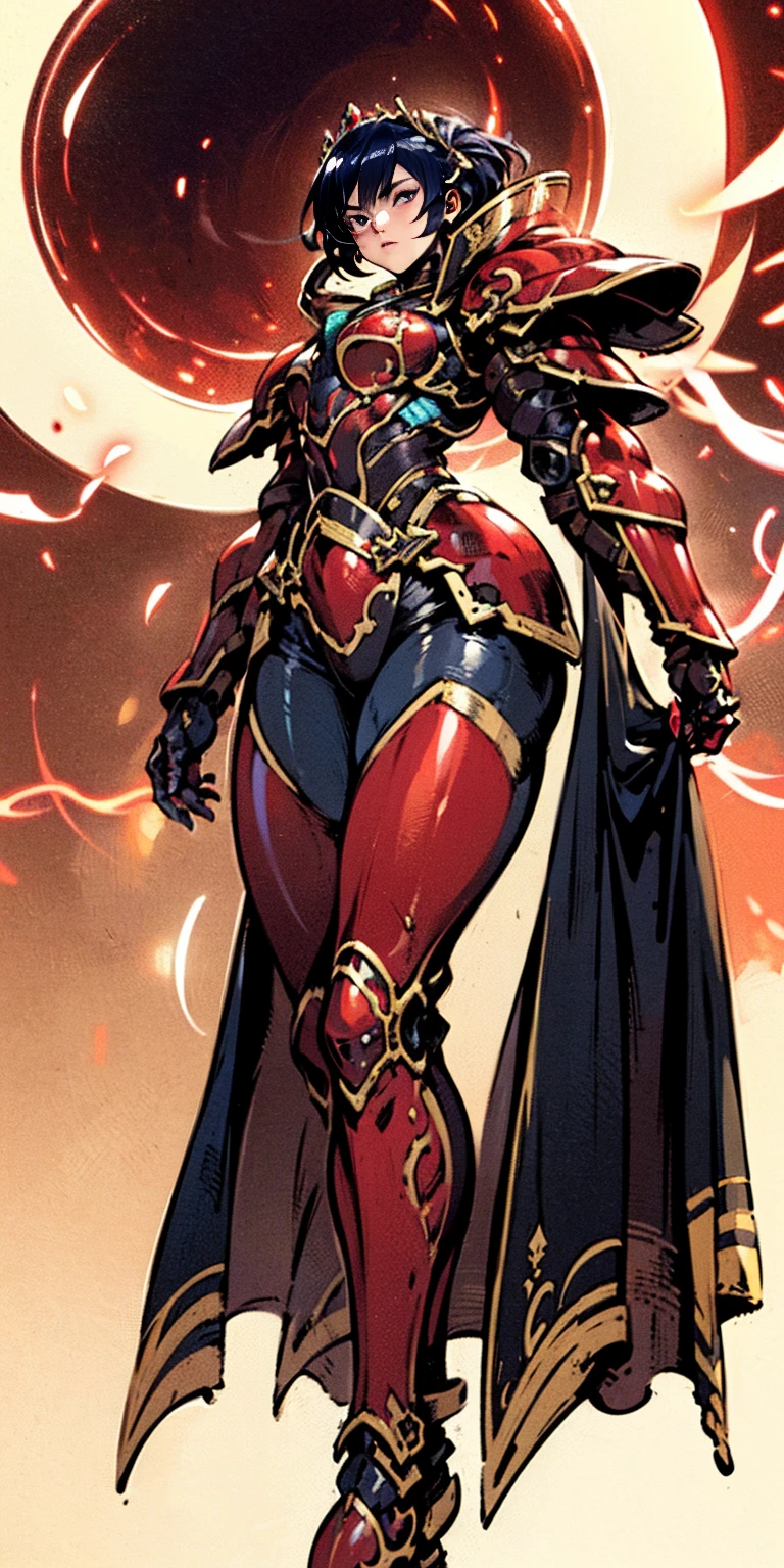 A woman adorned in fantasy-style full-body armor, a crown-concept fully enclosed helmet that unveils only her eyes, a composite layered chest plate, fully encompassing shoulder and hand guards, a lightweight waist armor, form-fitting shin guards, the overall design is heavy-duty yet flexible, ((the armor gleams with a golden glow, complemented by red and blue accents)), exhibiting a noble aura, she floats above the ground which she stands, this character embodies a finely crafted fantasy-surreal style armored hero in anime style, exquisite and mature manga art style (Queen bee mixed with Spider concept Armor, plasma, blood) ((Element, energy, elegant, goddess, femminine:1.5)) metallic, high definition, best quality, high res, ultra-detailed, ultra-fine painting, extremely delicate, professional, anatomically correct, symmetrical face, extremely detailed eyes and face, high quality eyes, creativity, RAW photo, UHD, 32k, Natural light, cinematic lighting, masterpiece anatomy perfect, feet together looking to viewer view from below ((masterpiece:1.5, plain background:1.2))