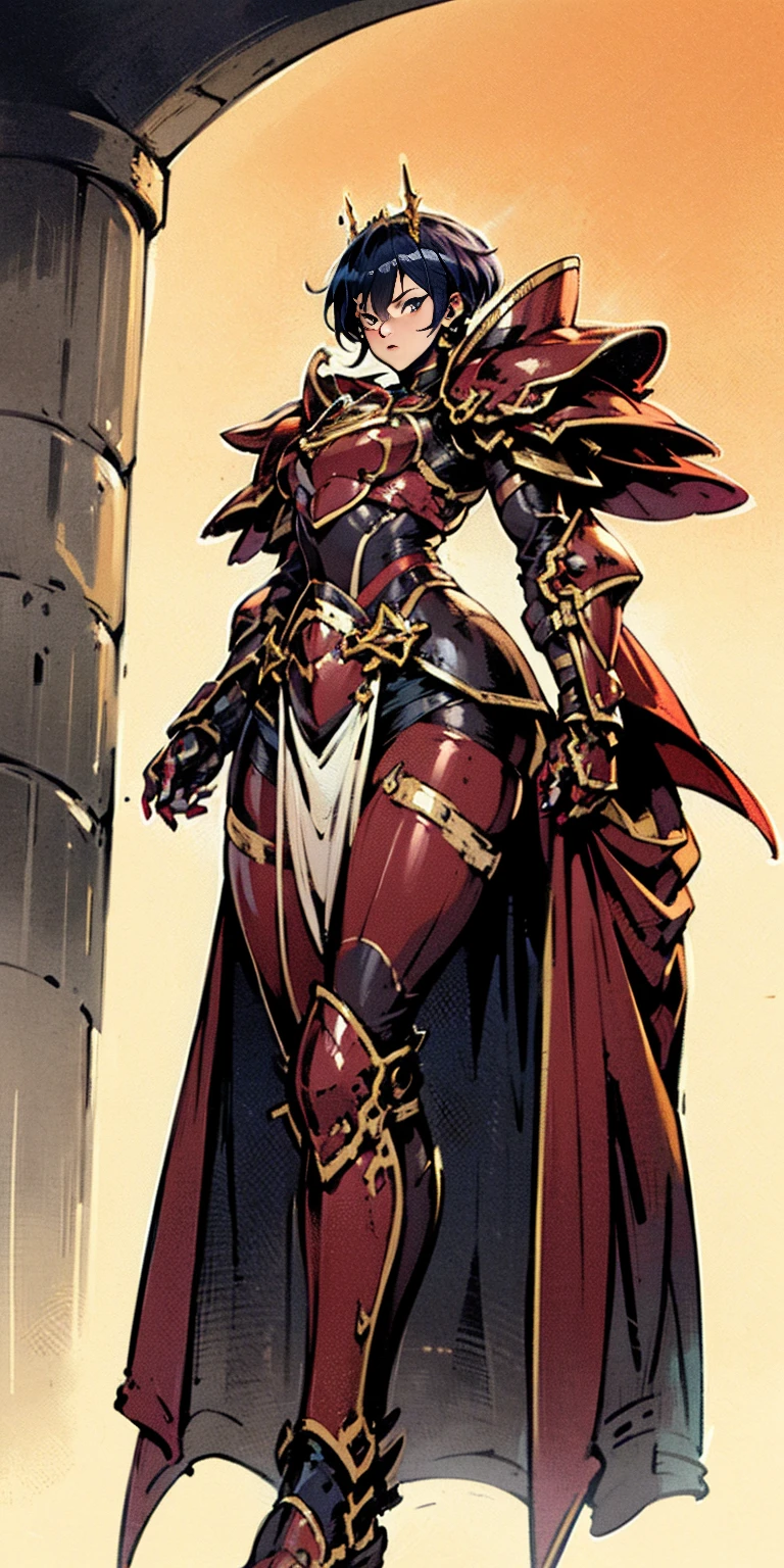 A woman adorned in fantasy-style full-body armor, a crown-concept fully enclosed helmet that unveils only her eyes, a composite layered chest plate, fully encompassing shoulder and hand guards, a lightweight waist armor, form-fitting shin guards, the overall design is heavy-duty yet flexible, ((the armor gleams with a golden glow, complemented by red and blue accents)), exhibiting a noble aura, she floats above the ground which she stands, this character embodies a finely crafted fantasy-surreal style armored hero in anime style, exquisite and mature manga art style (Queen bee mixed with Spider concept Armor, plasma, blood) ((Element, energy, elegant, goddess, femminine:1.5)) metallic, high definition, best quality, high res, ultra-detailed, ultra-fine painting, extremely delicate, professional, anatomically correct, symmetrical face, extremely detailed eyes and face, high quality eyes, creativity, RAW photo, UHD, 32k, Natural light, cinematic lighting, masterpiece anatomy perfect, feet together looking to viewer view from below ((masterpiece:1.5, plain background:1.2))