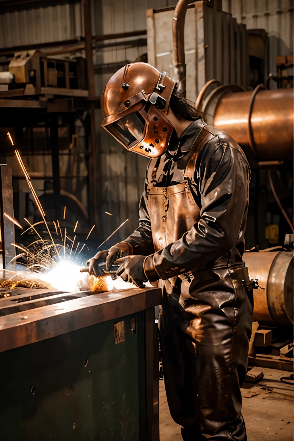 Welding logo,copper shiny with sparkle touch,name WW,((caption: WELDING WARRIOR))