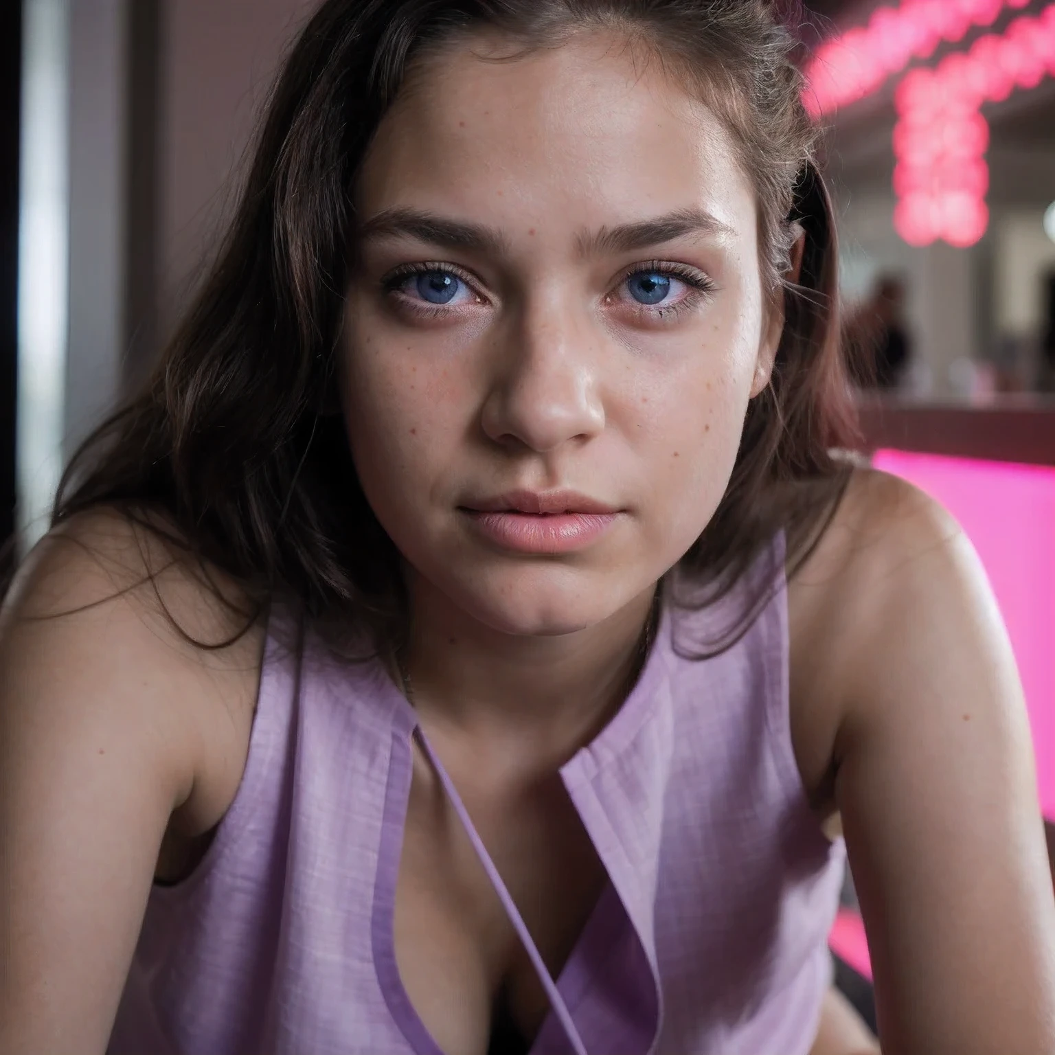 photo of a college student，9 , in Purple Pink, futuristic cotton and linen, (freckles:0.8) cute face, sci-fi, dystopian, detailed eyes, cobalt blue eyes（（Judging people through their noses））Disco bar