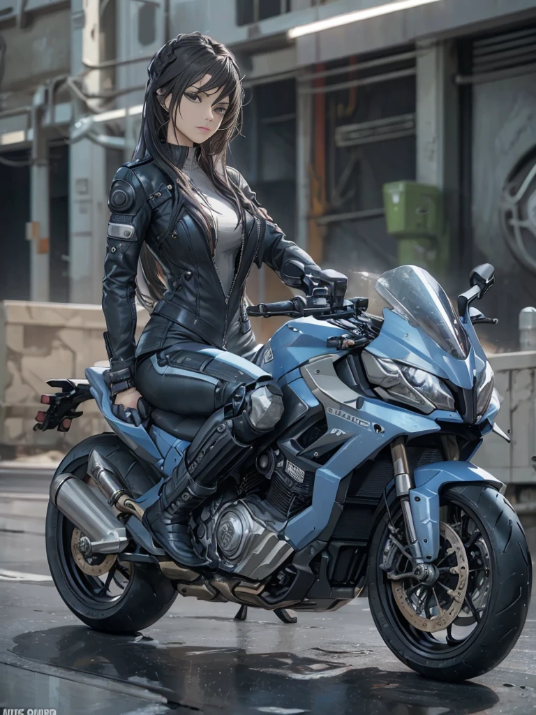 masterpiece、highest quality、Detailed Description、cyber punk、The near-future world、A Broken World、bigmotorbicycleに乗る女性（rider、Gold and black two-tone hairstyle、Gauntlet、suit、boots、Detailed Description、Perfect Face、Armament、）、black motorbicycle（black、bicycle、two-wheeled vehicle、big、Mechanic Design）、Composition from the front 1.3