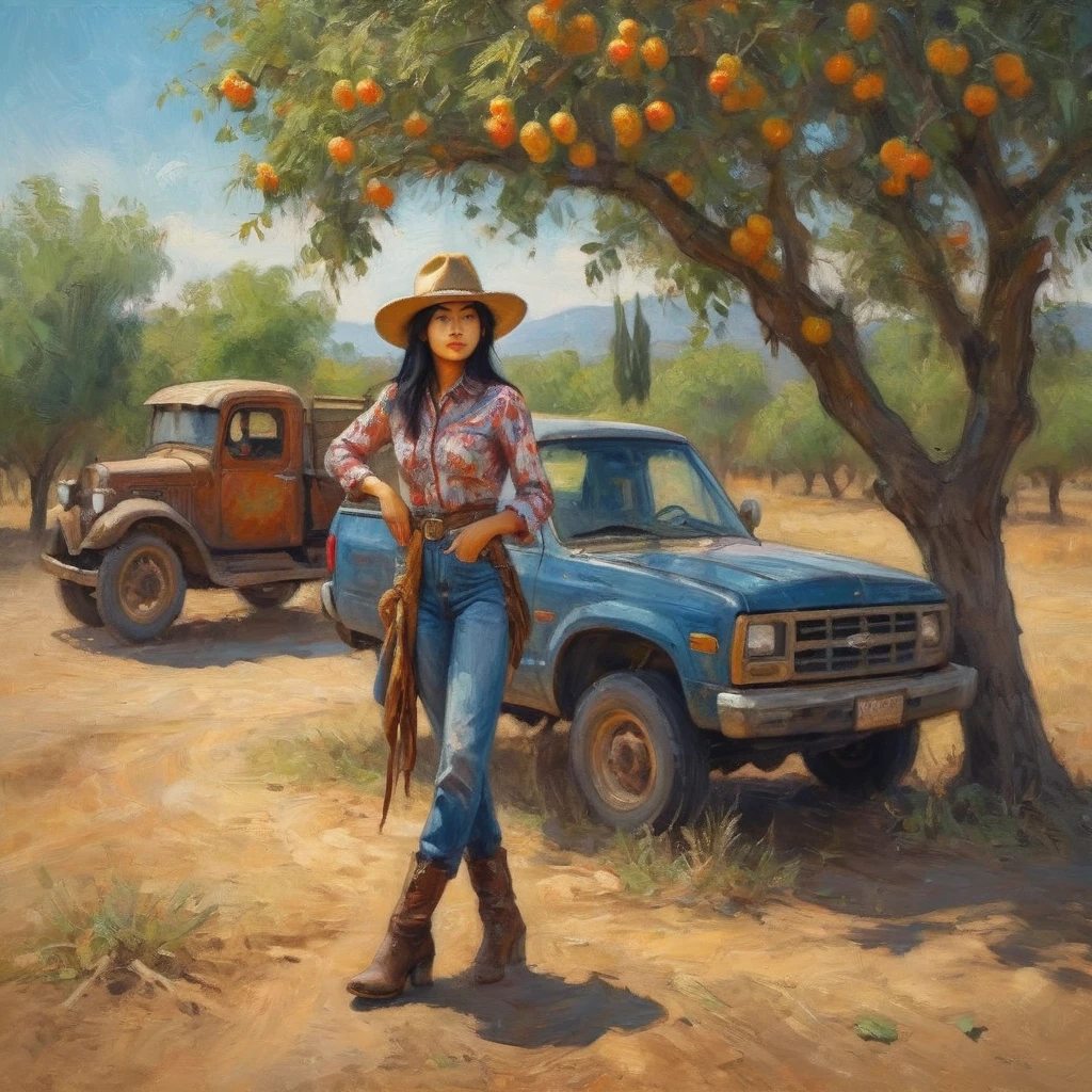 A Malaysian woman dressed like a cowgirl,leaning against her beaten up pickup truck stopped next to a jujube tree,impressionist painting style of claude monet,best quality,4k,8k,highres,masterpiece:1.2,ultra-detailed,realistic,photorealistic:1.37,traditional oil painting,floral pattern on her dress,wide-brimmed hat,leather boots,dusty road in the background,sunny and warm lighting,vivid colors,blurry background,soft brushstrokes with visible texture.
