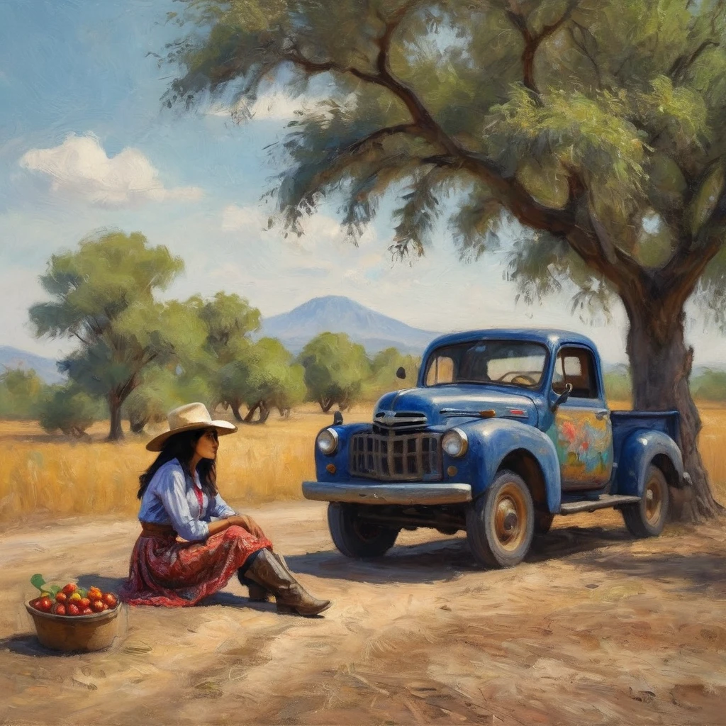 A Malaysian woman dressed like a cowgirl,leaning against her beaten up pickup truck stopped next to a jujube tree,impressionist painting style of claude monet,best quality,4k,8k,highres,masterpiece:1.2,ultra-detailed,realistic,photorealistic:1.37,traditional oil painting,floral pattern on her dress,wide-brimmed hat,leather boots,dusty road in the background,sunny and warm lighting,vivid colors,blurry background,soft brushstrokes with visible texture.
