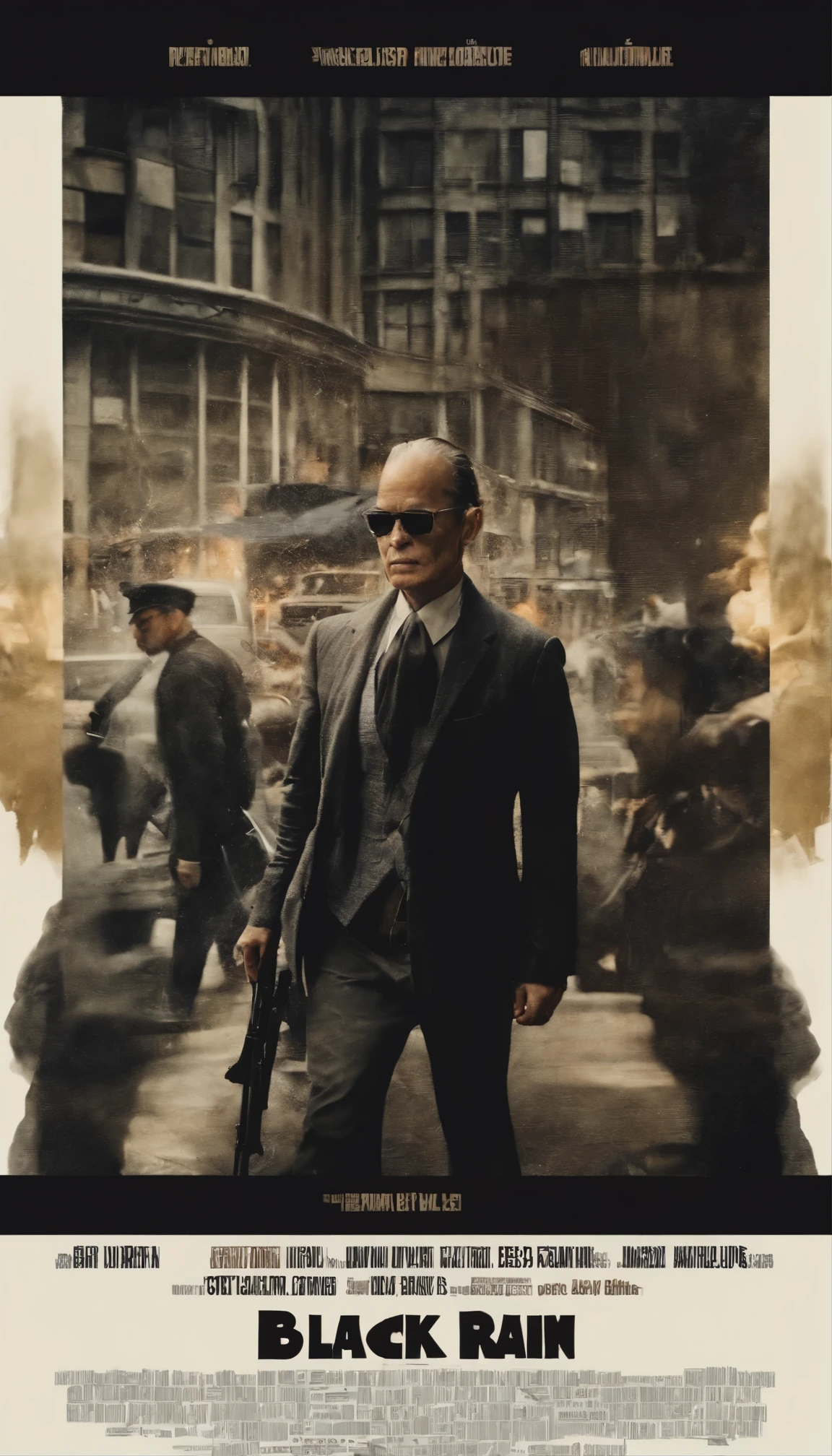 High-definition cinematic scenes that are different from gripping movies、『Black Rain』The fascinating actor、Yusaku Matsuda looks elegant in a black suit and sunglasses.。He is skillfully positioned on his Harley Davidson motorcycle.、I'm holding the gun tightly in both hands.。The footage is、born々exudes a new intensity and authenticity、It embodies the quality and realism that characterize exceptional cinema.。High-definition images that convey a sense of tension