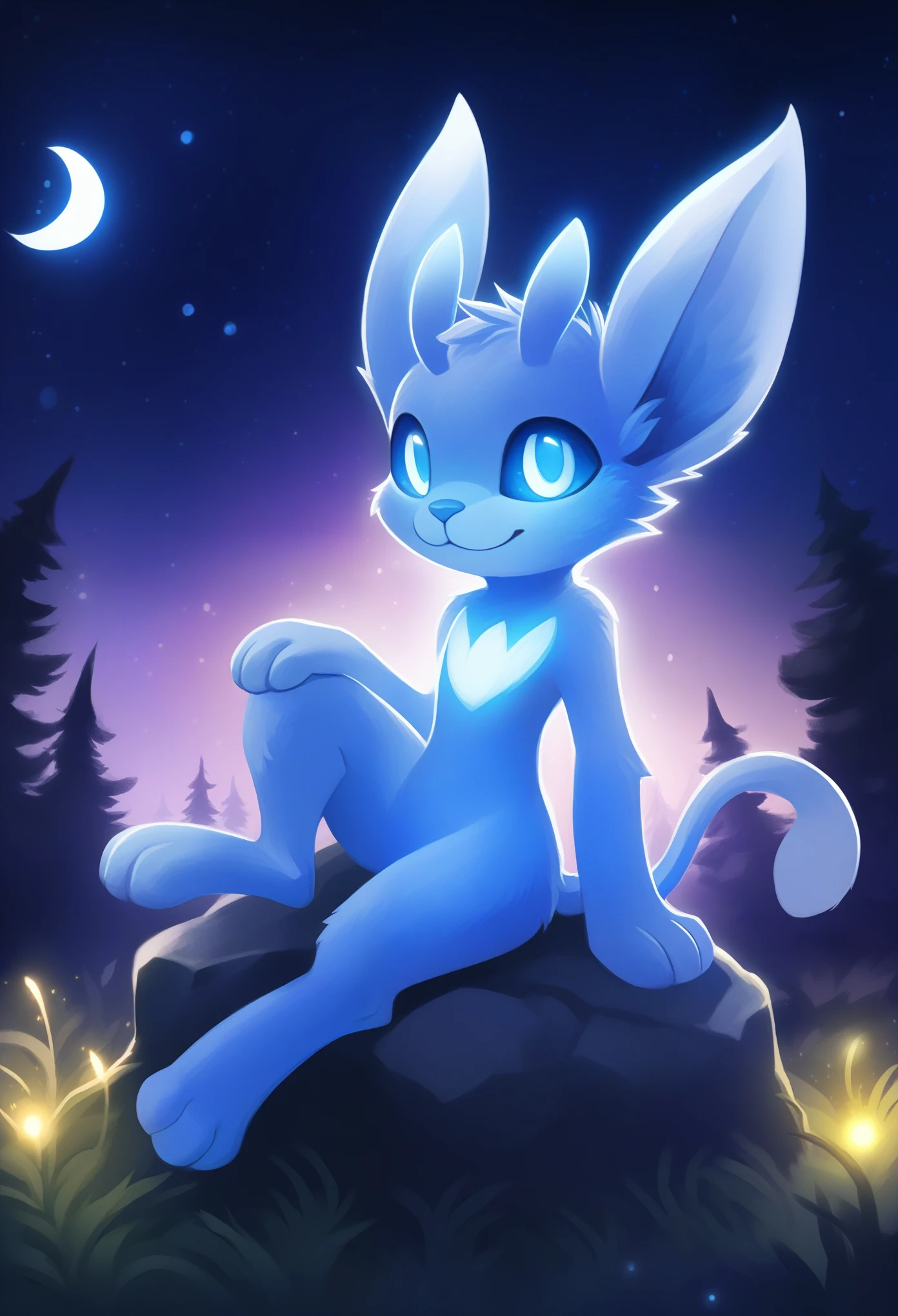 ori and the blind forest, Ori, furry boy, dark blue sclera, white pupils, white body fur, big animal ears, blue nose, :3, detailed body fur, detailed face, detailed eyes, full body, feets with three toes, 3 toes, night sky, forest, sit on rock, field, glowing body, solo,,