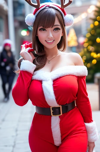 (((Two-shot photo of two cosplayers:1.3))),(((Gorgeous Christmas illuminations on street trees:1.3))),Christmas tree night lighting,(((Santa Claus cosplay woman:1.3))),(((A woman enjoying cute reindeer cosplay:1.3))),mini skirt,Off the shoulder、With sleeves,(Emphasize large breasts:1.3),(Shiny short hair with silver and orange stripes,Intricately braided and beaded twisted ponytail bun,Braided Setup Fishbone Hair,),(The bangs are see-through),Round face,An attractive woman with a natural smile and a charming expression,Clear Skin,(8K quality,Tabletop,highest quality,Ultra-high resolution output images,),(Highly detailed RAW photos:1.3),(Picture Mode Ultra HD),