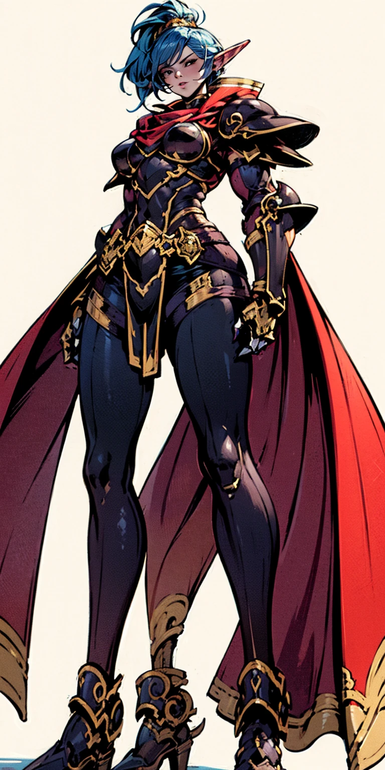 ((masterpiece, white background:1.2)) full body of a woman, standing feet together, extremely long hair, ponytail, perfect anatomy 1sologirl, tall slim thick ((muscular)) high elf toned body, silver breast plate, blue cape, slender abs, hourglass waist, detailed face, defined cheekbones, puffy lips, red gloves gauntlets, gold crown, shadow over eyes, looking at viewer view from below, white thigh highs lingerie