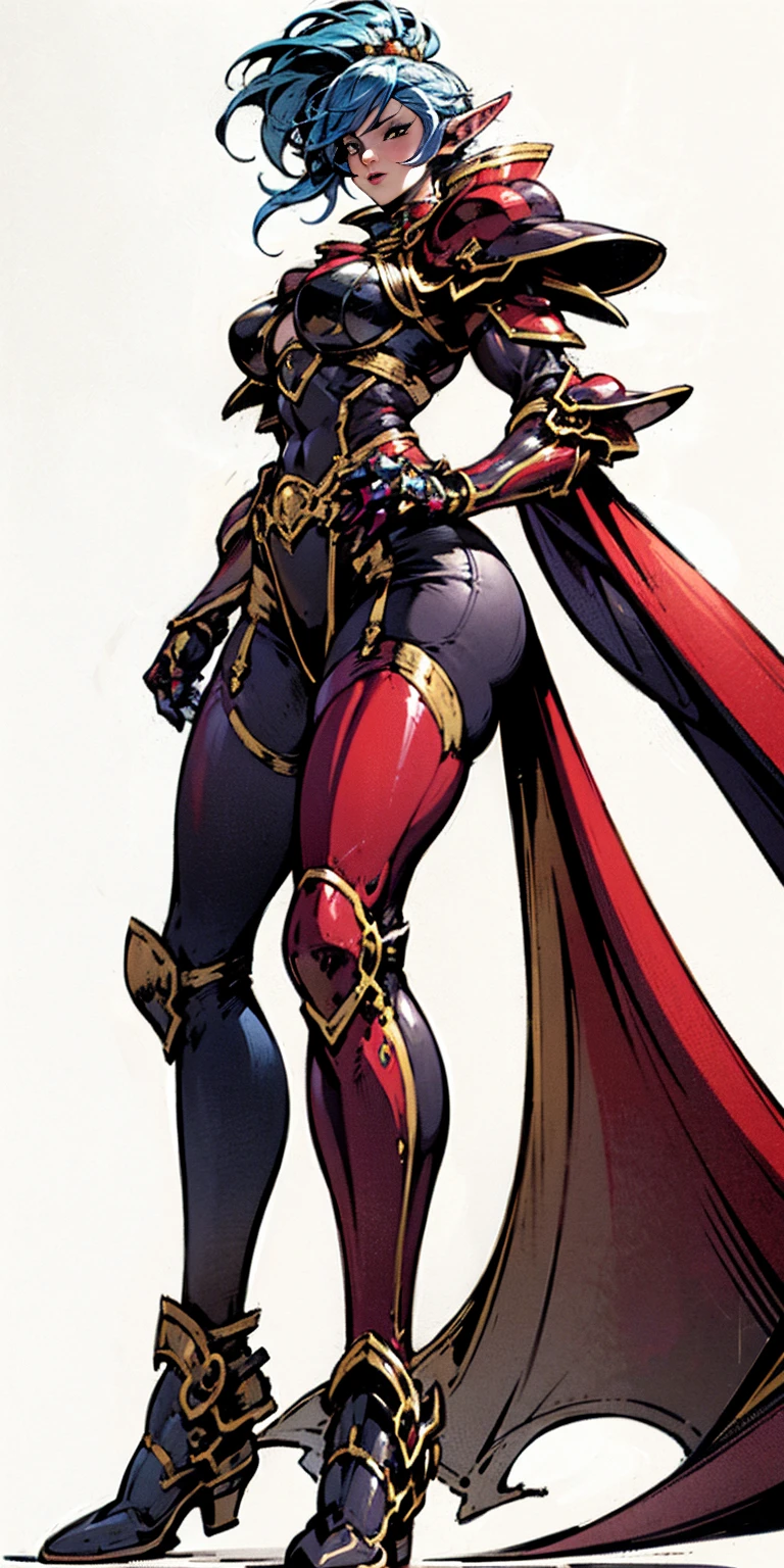 ((masterpiece, white background:1.2)) full body of a woman, standing feet together, extremely long hair, ponytail, perfect anatomy 1sologirl, tall slim thick ((muscular)) high elf toned body, silver breast plate, blue cape, slender abs, hourglass waist, detailed face, defined cheekbones, puffy lips, red gloves gauntlets, gold crown, shadow over eyes, looking at viewer view from below, white thigh highs lingerie