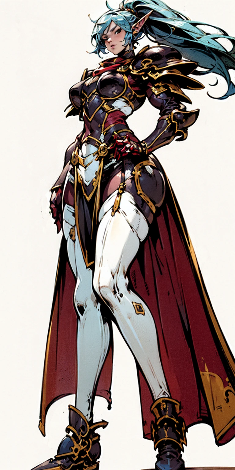 ((masterpiece, white background:1.2)) full body of a woman, standing feet together, extremely long hair, ponytail, perfect anatomy 1sologirl, tall slim thick ((muscular)) high elf toned body, silver breast plate, blue cape, slender abs, hourglass waist, detailed face, defined cheekbones, puffy lips, red gloves gauntlets, gold crown, shadow over eyes, looking at viewer view from below, white thigh highs lingerie