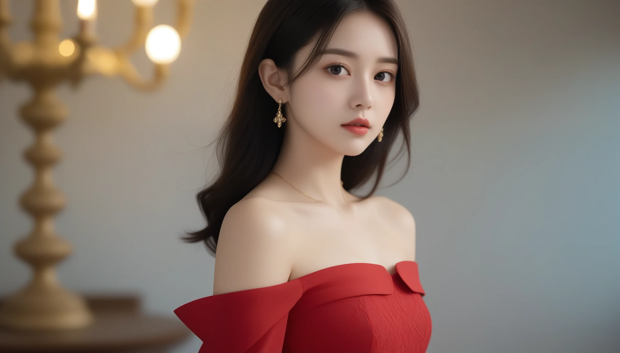 8k, Ultra-high resolution, highest quality, masterpiece, Surreal, photograph, 1 girl, (16 years old:1.3), pretty girl, Cute Face, Beautiful eyes in every detail, 細かくdetailedに,masterpiece,A woman in a red dress and gold jewelry is looking to the side,Sexy pose、See through 、Looking at the audience、beauty,Long neck、Laugh a little、Please close your mouth and laugh、(((Ideal body type))),A-cup small breasts :2,、Portraiture:2、Perfect Anatomy、鮮明なdetailed、detailed、Surreal、Light and shadow,Strong light,Fashion magazine cover,Thin lips